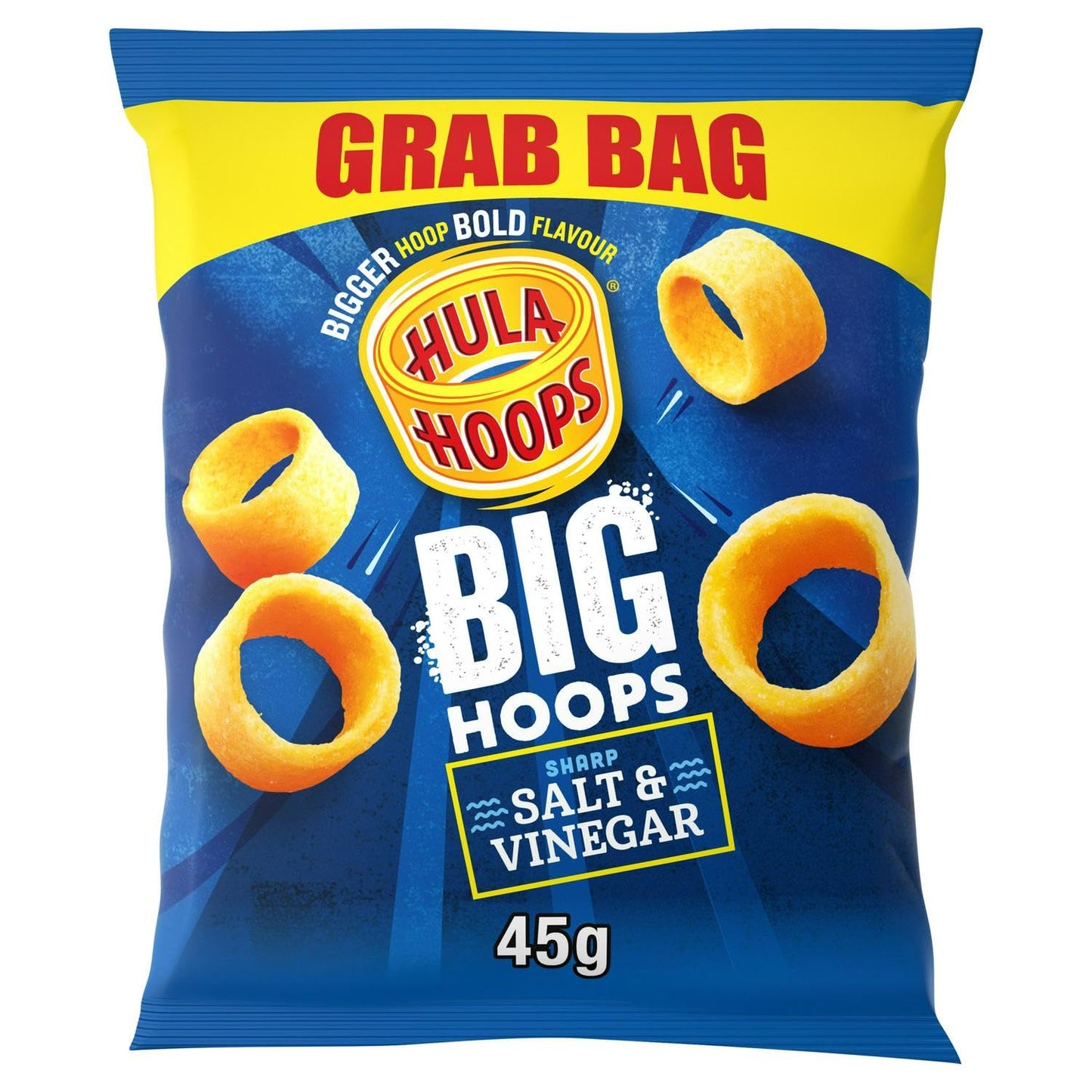 Hula Hoops BIG HOOPS SALT & VINEGAR Grab Bag Crisps 45g Bags, Case of 36 - Bigger Hoop, bold flavour. Bigger than standard sized Hula Hoops, No