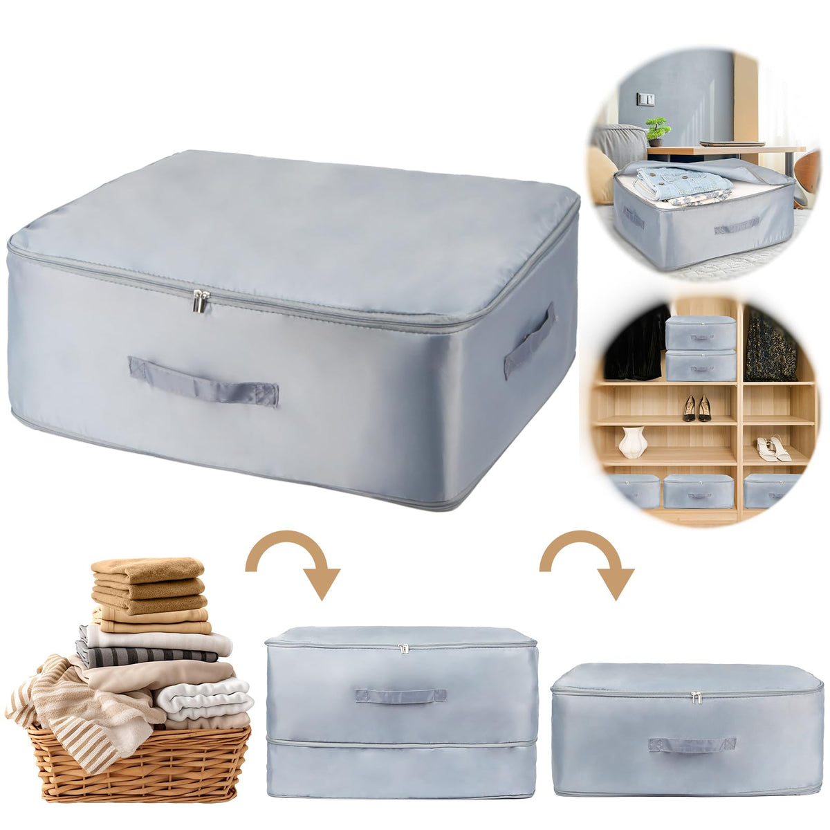 Self-Compressing Storage Bag, Large Movable Duvet Organiser, Grey
