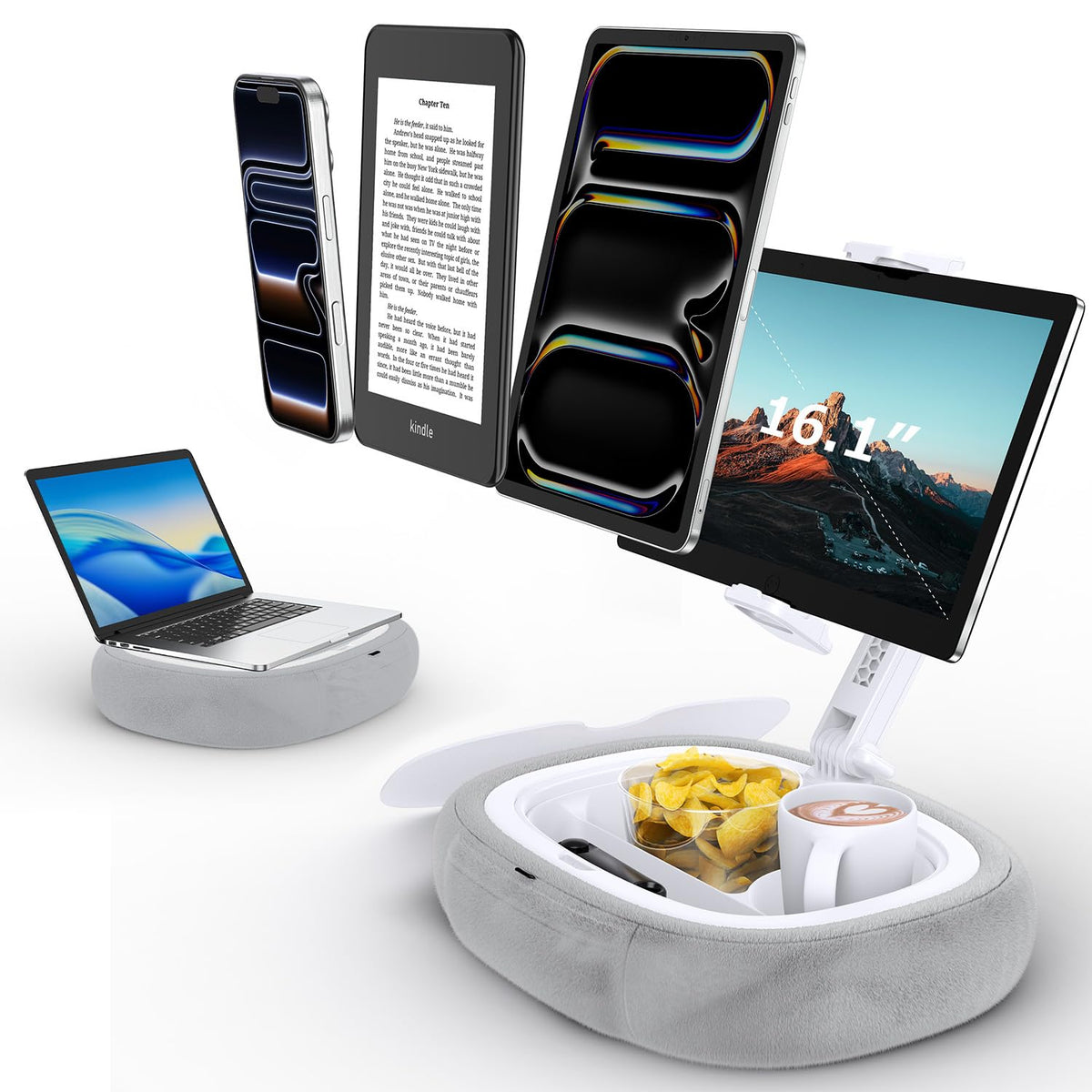TRYONE Tablet Pillow Holder & Laptop Stand : Lap Adjustable iPad Holder with Snack Bowl,Soft Plush Pillow & 360? Rotating Detachable Support Arm for