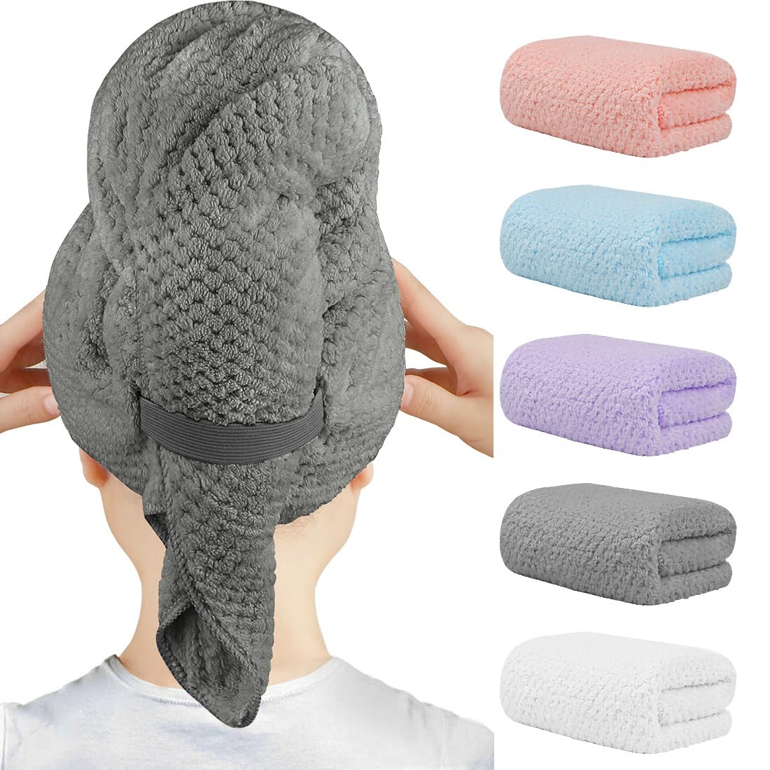 HOMEXCEL 5 Pack Microfibre Hair Towels - 101 x 51 CM Super Soft, Fast Drying Turbans for Long, Thick, Curly Hair - Anti Frizz Wrap with Elastic Strap