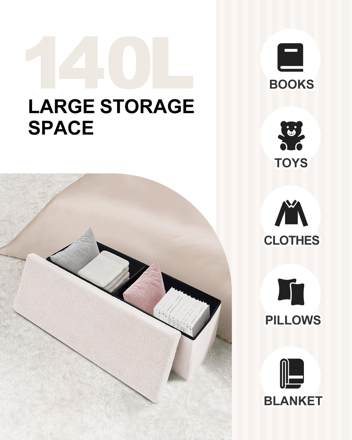 Bonlife Folding Ottoman Storage Bench,Boucle Footstool for Living Room,End of Bed Bench,Sherpa Ottomans Foot Rest,140L Storage Space,White,110x38x38cm