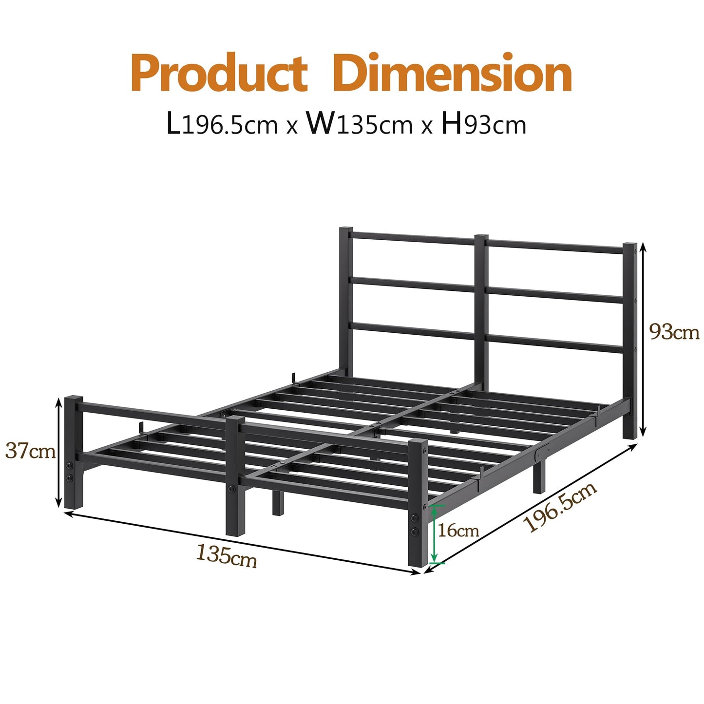 HAHRIR 16cm Low Profile 4ft6 Double Bed Frame with Metal Headboard, Black