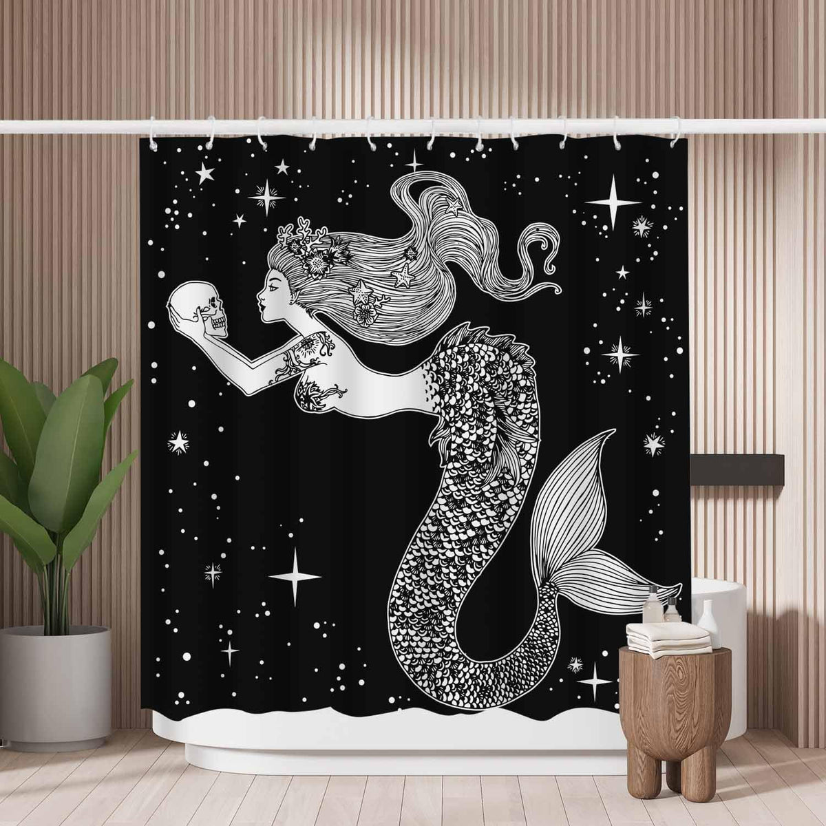 Woutay Shower Curtain Mould Proof Resistant Hand Draw Mermaid,Water Repellant Fabric,Polyester,with 12 Plastic Hooks