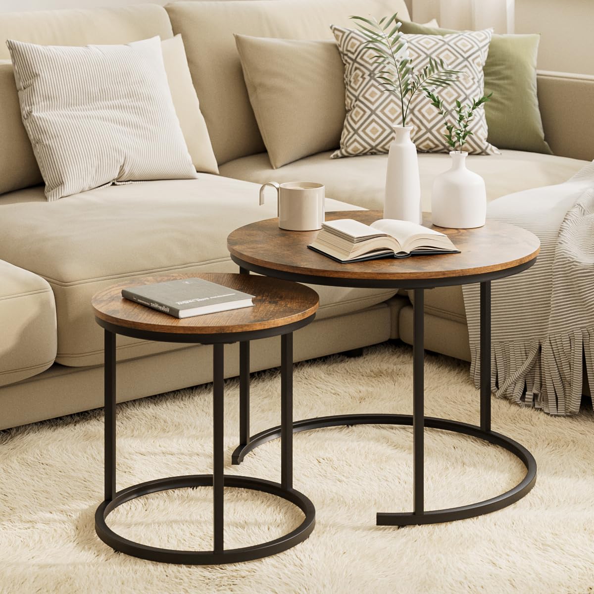 HEYZOEY Round Coffee Tables, Removable Set of 2 End Table, Nesting Tables with Black Metal Frame Legs and Marble Black Top for Living Room, Bedroom