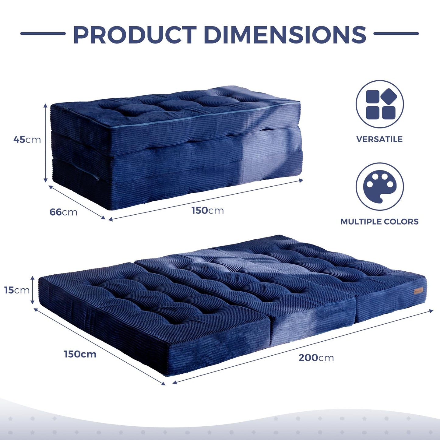 MAXYOYO Folding Mattress, Comfy Corduroy Foldable Mattress with 15cm Thicken Foam, Tri-Fold Floor Futon Sofa Bed for Guest,Dark blue,King