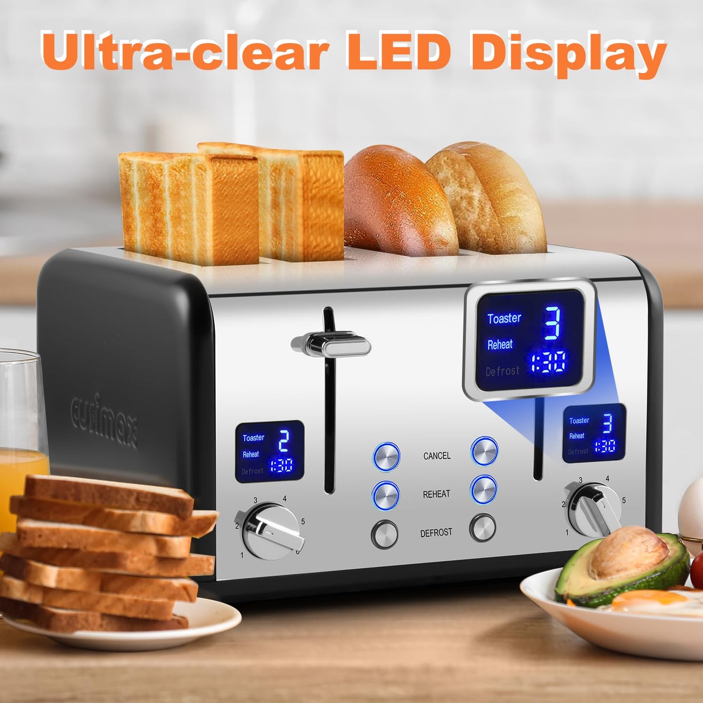 Toaster 4 Slices, Cusimax Stainless Steel Toaster with Ultra-Clear LED Display & 4 Extra-Wide Slots, Defrost/Reheat/Cancel Function, 6 Browning