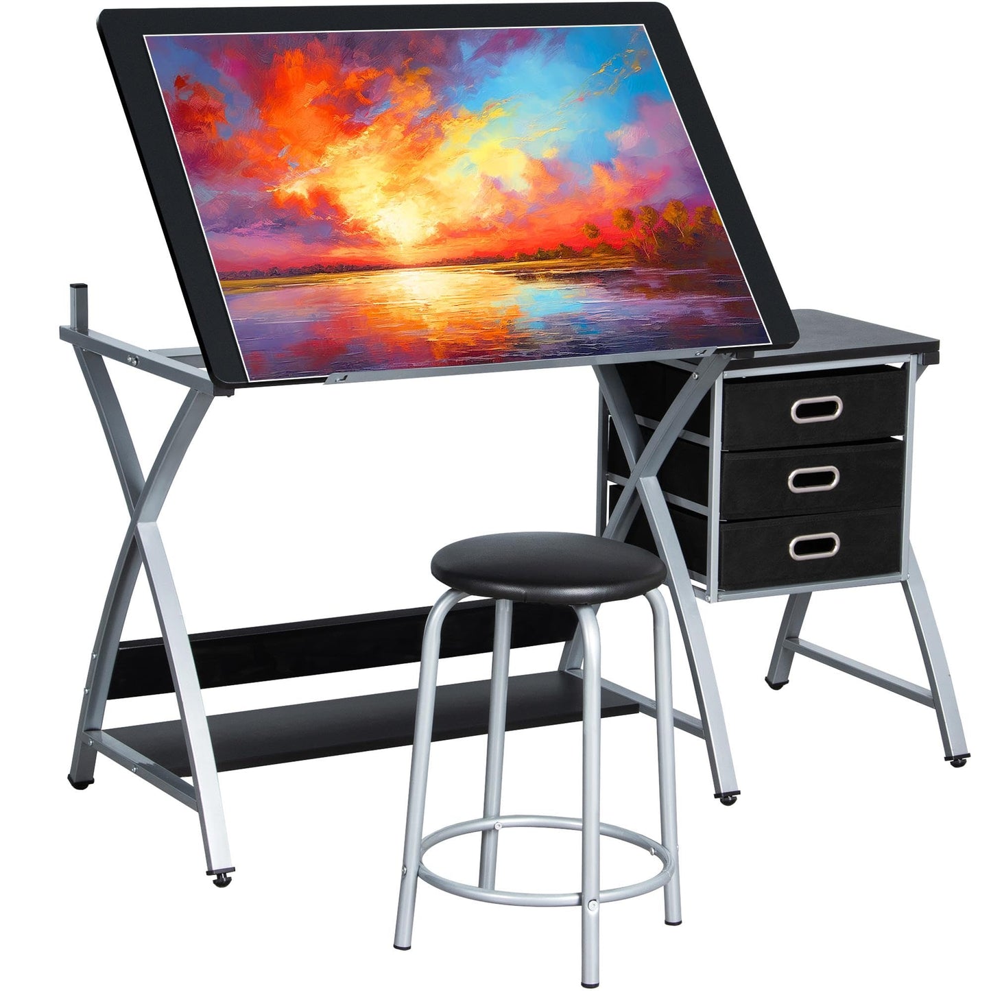 Yaheetech Drafting Table Tiltable Desktop Height Adjustable Art Metal Black