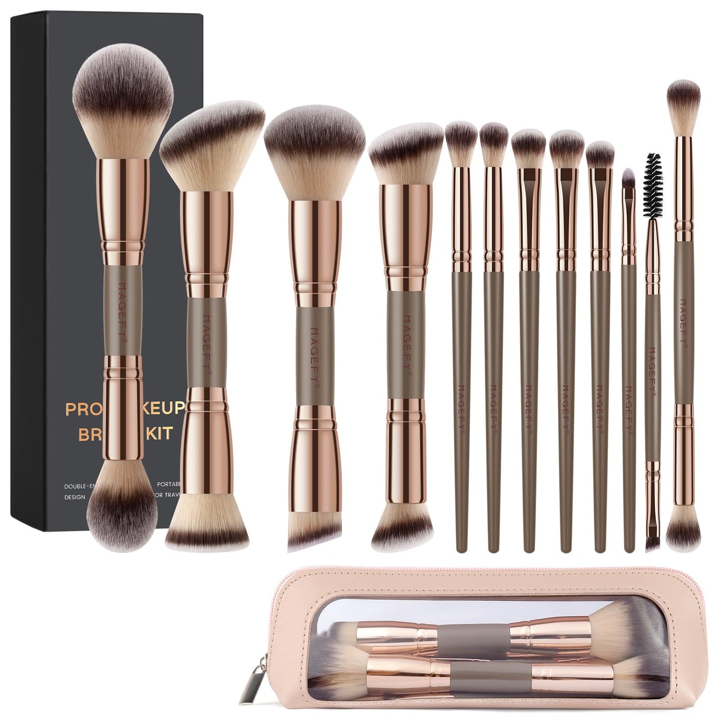 MAGEFY Makeup Brush Set 12Pcs Double Sided Make up Brushes Foundation Contour Blush Highlight Blending Eyeshadow Brushes, Vegan Makeup Brushes with