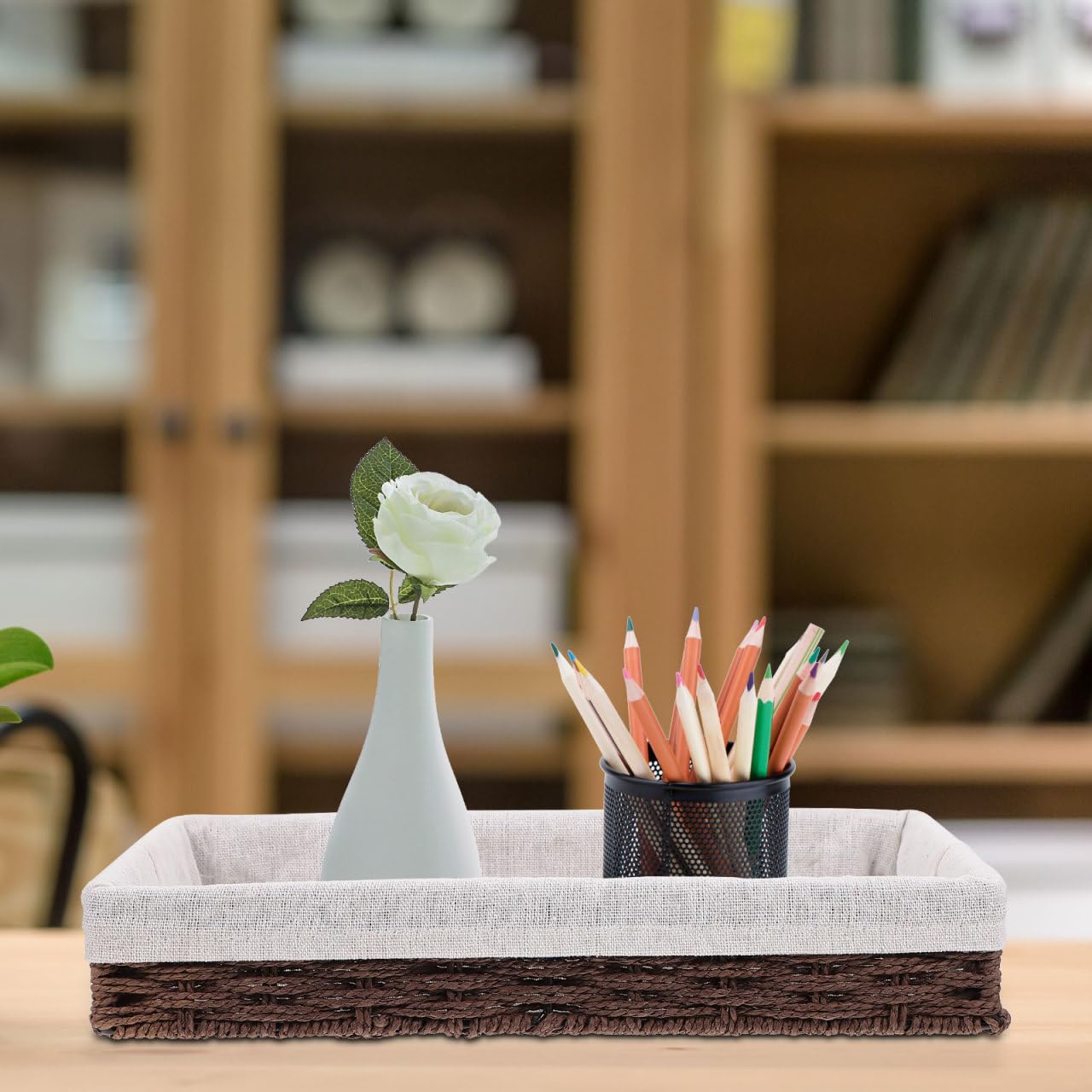 Healifty Rattan Woven Desktop Storage Basket Key Change Storage Box for Keys Access Cards Cosmetics and Sundries Shallow Wicker Basket for Home