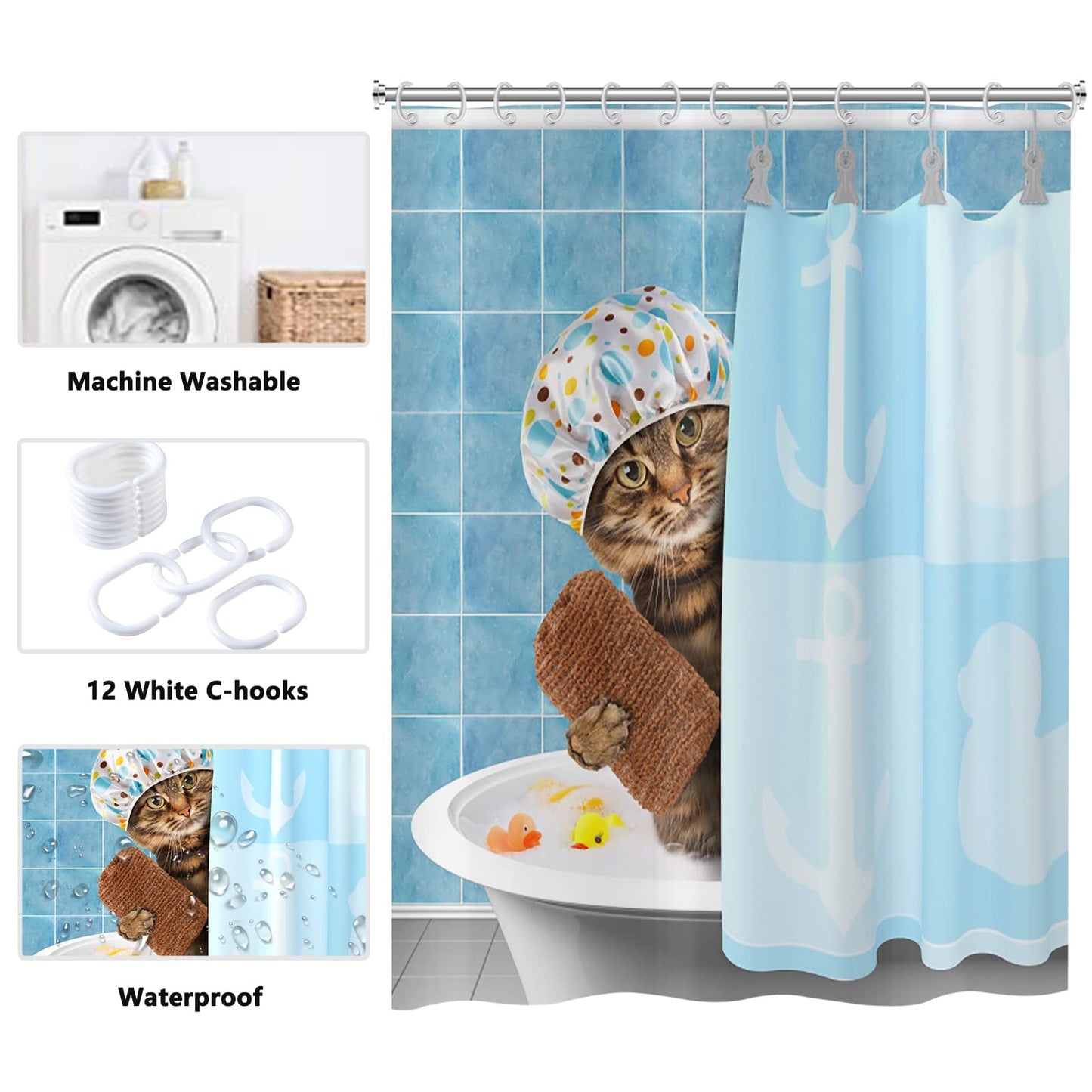 ASDCXZ Shower Curtain Funny 180x180 cm, Blue Funny Cat Bathtub Showers Child Shower Curtains Fabric Washable Polyester Textile Waterproof Shower
