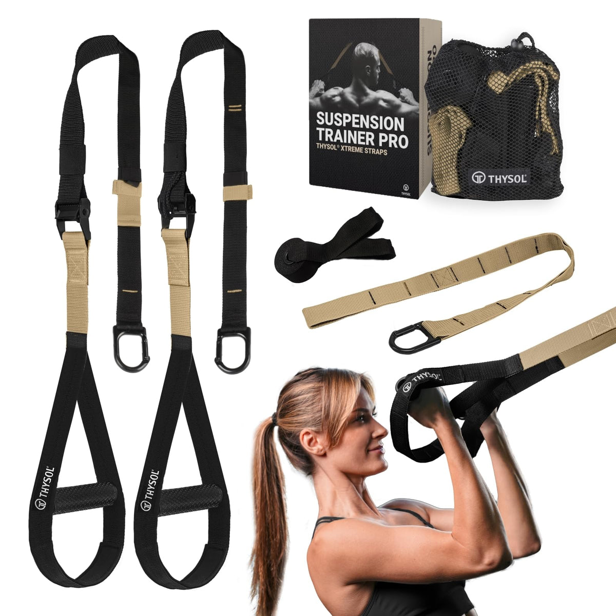 THYSOL Suspension Trainer Pro Xtreme Straps | Sling Trainer Set with Adjustable Door Anchor | Fitness Home Workouts - Suitable for Travelling & for