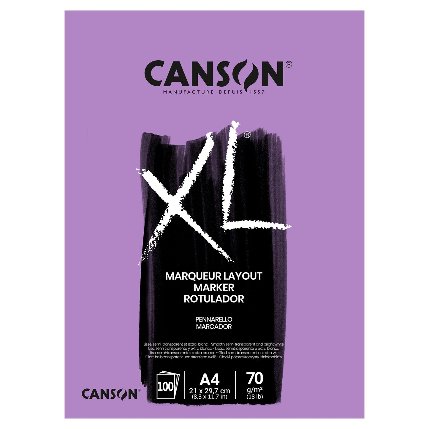 CANSON XL Marker 70gsm A4 Paper, Very Smooth, Pad Glued Short Side, 100 Extra White Sheets, Ideal for Professional Artists & Illustrators