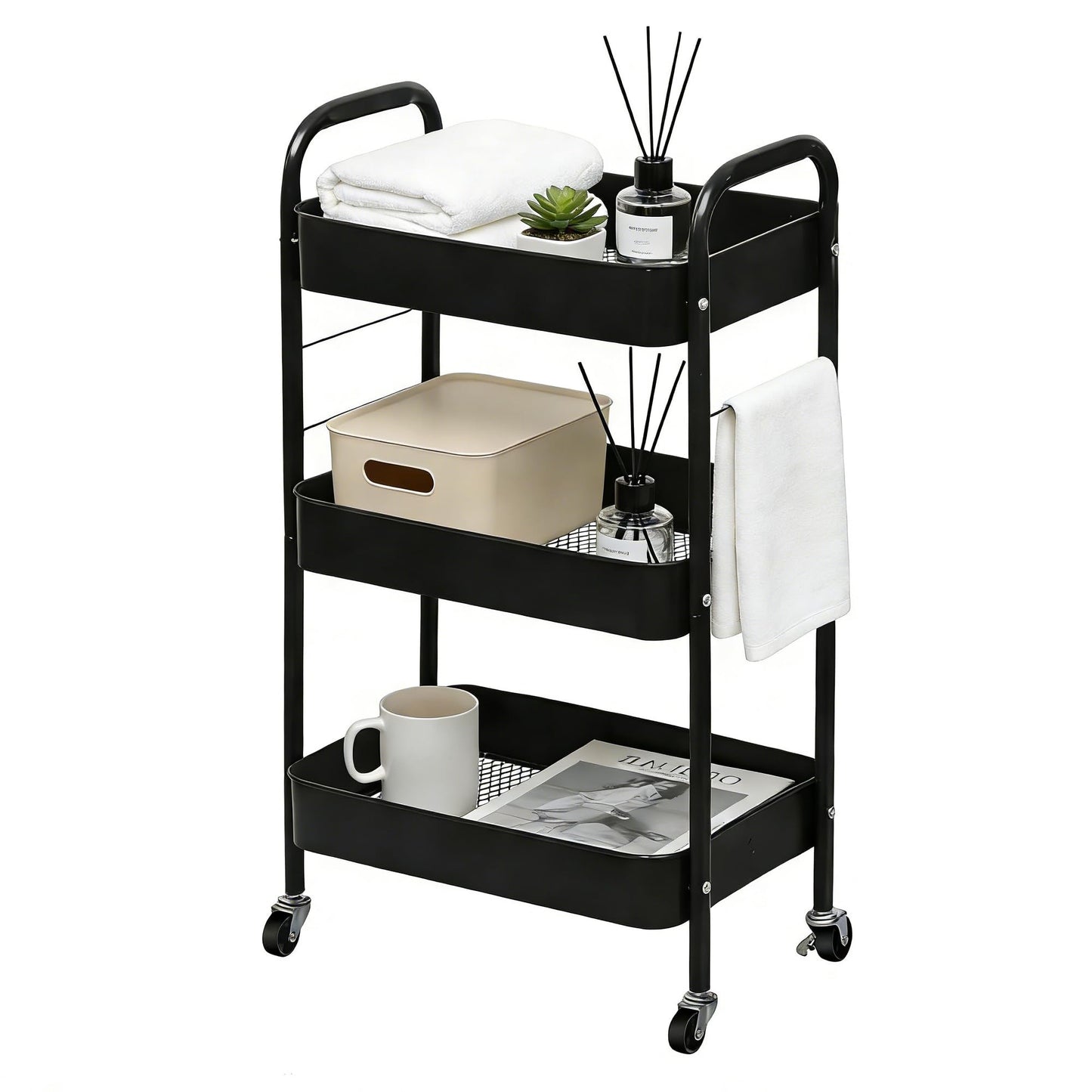 ZOESTORAGE 3 Tier Trolley Cart,Metal Storage Trolley on Wheels for Bathroom,Kitchen,Laundry,Bedroom and Storage Cart for Book,Snack,Black
