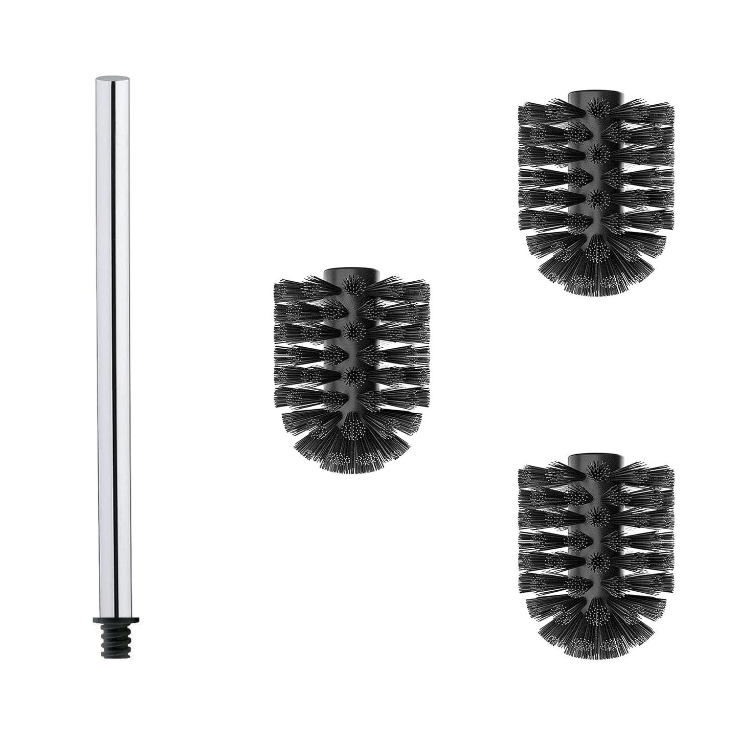WAVEWO Stainless Steel Toilet Brush Set - 3 x Interchangeable Heads Diameter 6.5 cm + 1 x Rustproof Handle 27 cm - Interchangeable and Durable (Black)