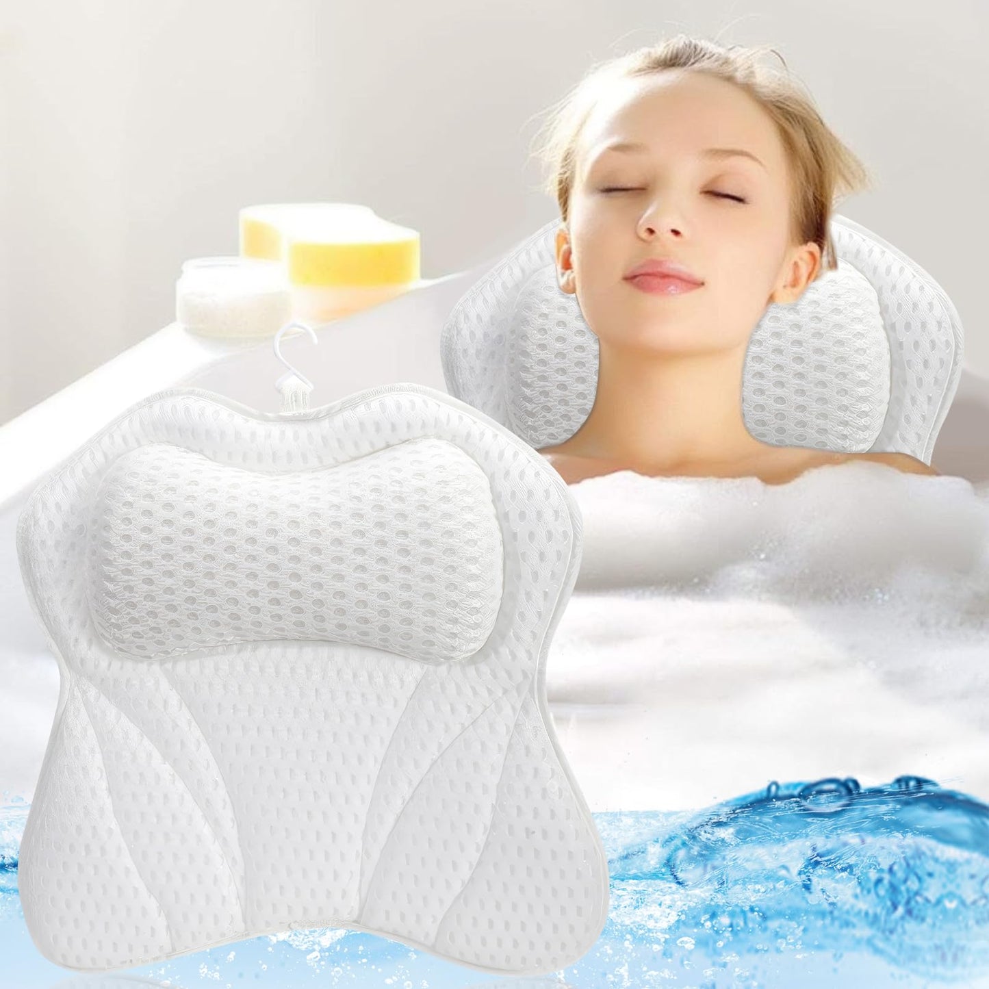 4D Technology Non-Slip Bath Pillow with 6 Powerful Suction Cups, Soft Ergonomic Mesh Cushion for Hot Tub and Home Spa