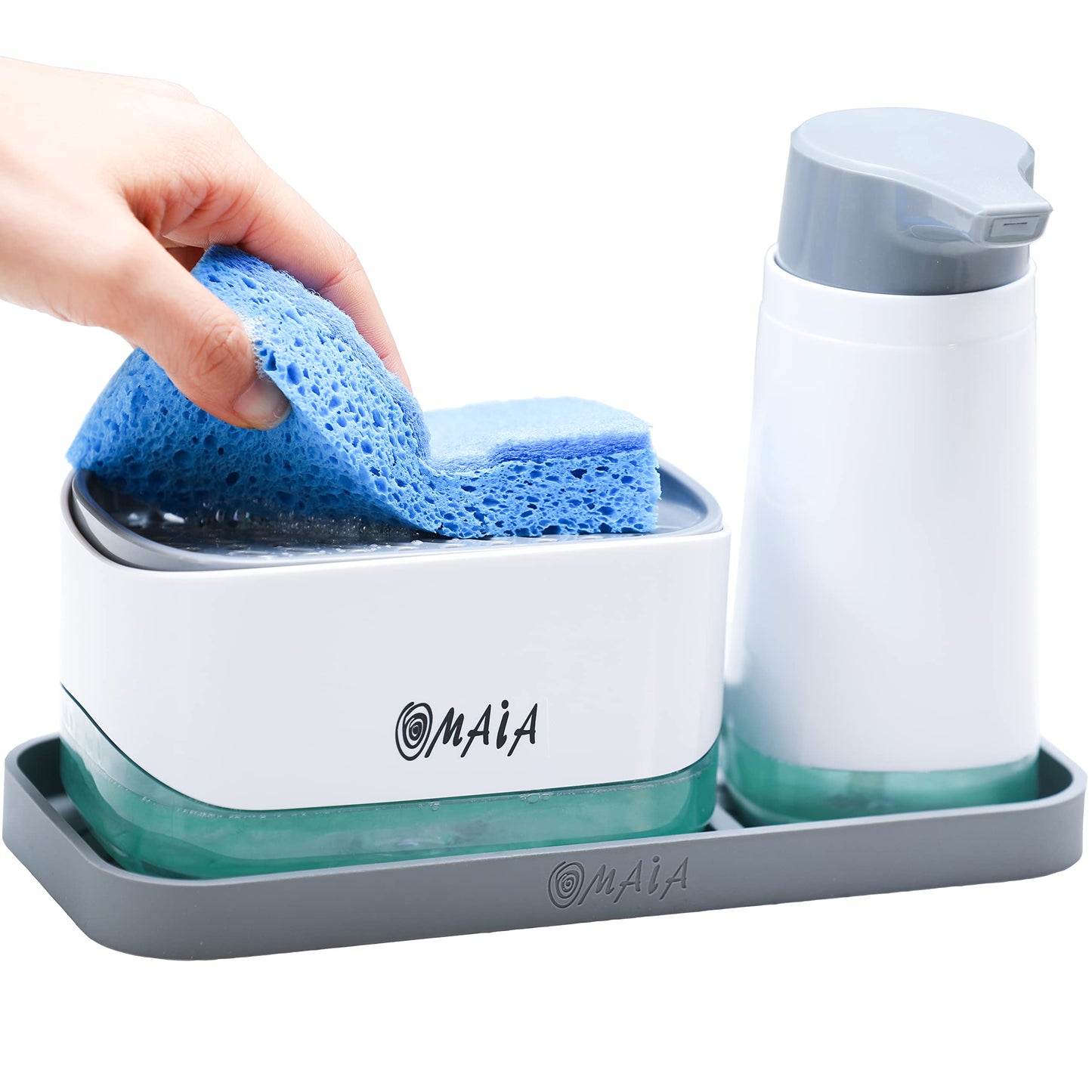 OMAIA 4-in-1 Dish Soap Dispenser Set - Kitchen Soap Dispenser with Sponge Holder and Liquid Hand Soap Dispenser and Silicone Tray - Countertop