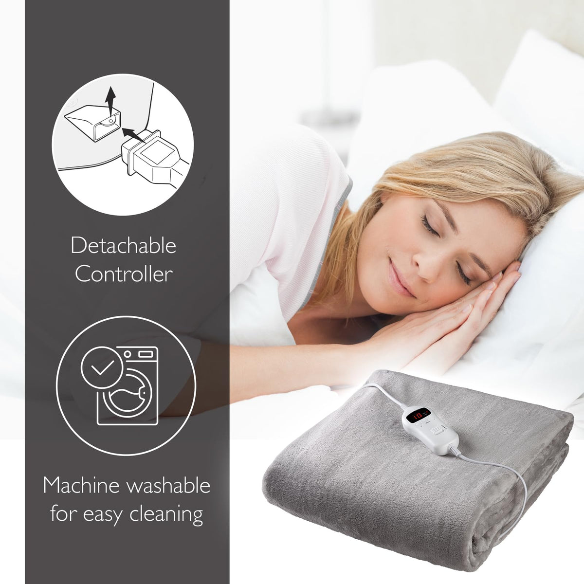 Sensio Home Luxury Heated Throw Fast Heat Up Electric Blanket, Warm Cosy Flannel Fleece, 10 Heat Settings, Timer and Overheat Protection, Machine