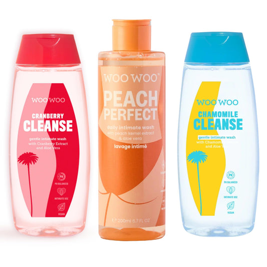 WooWoo Intimate Body Wash Bundle - Peach Perfect, Cranberry Cleanse & Chamomile Cleanse - pH Balanced, Vegan & Gentle Daily Body Wash with Aloe Vera -