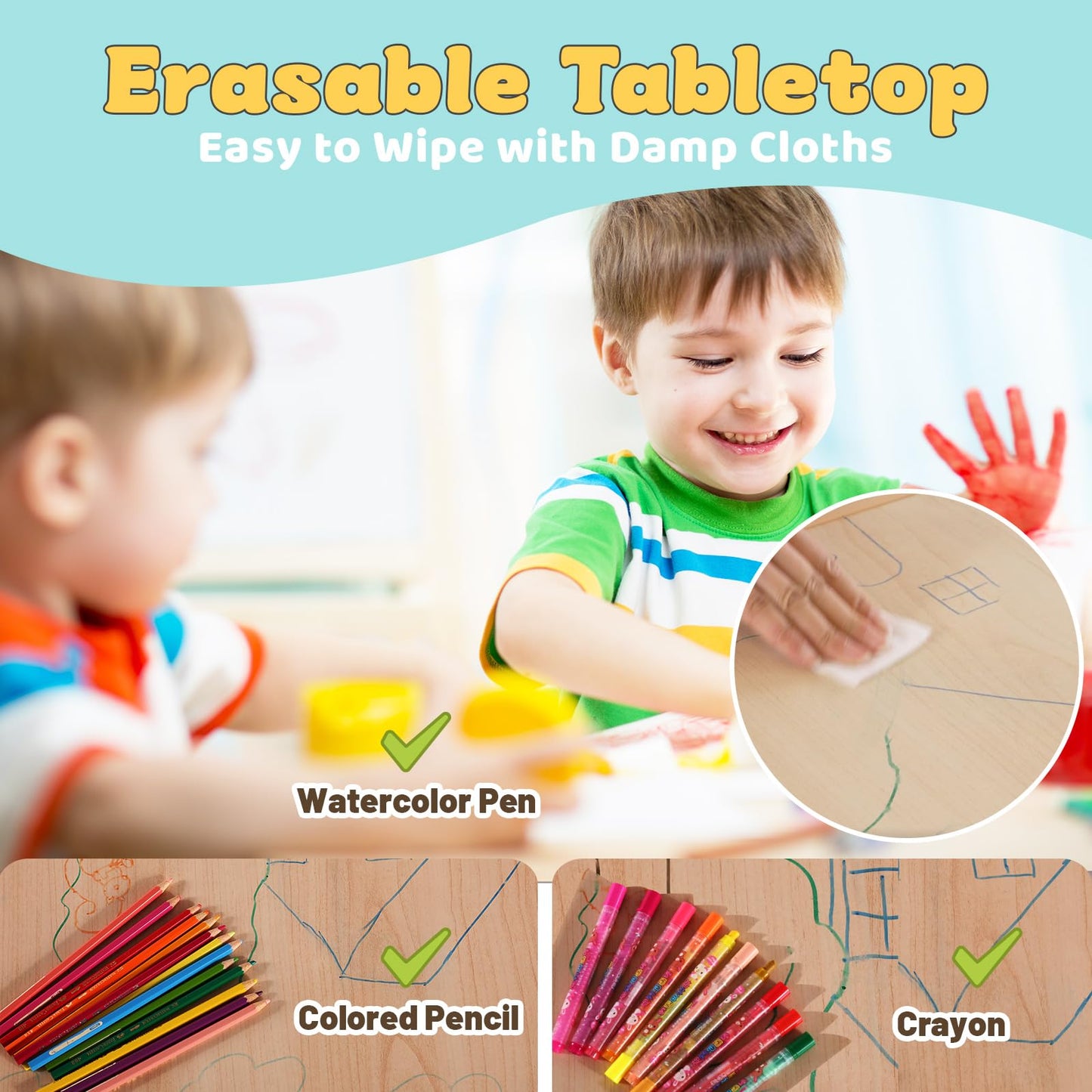 FUNLIO Kids Table and 2 Chairs Set, Height Adjustable Toddler Table and Chair Set for Ages 3-8, Easy to Wipe Arts & Crafts Table, for