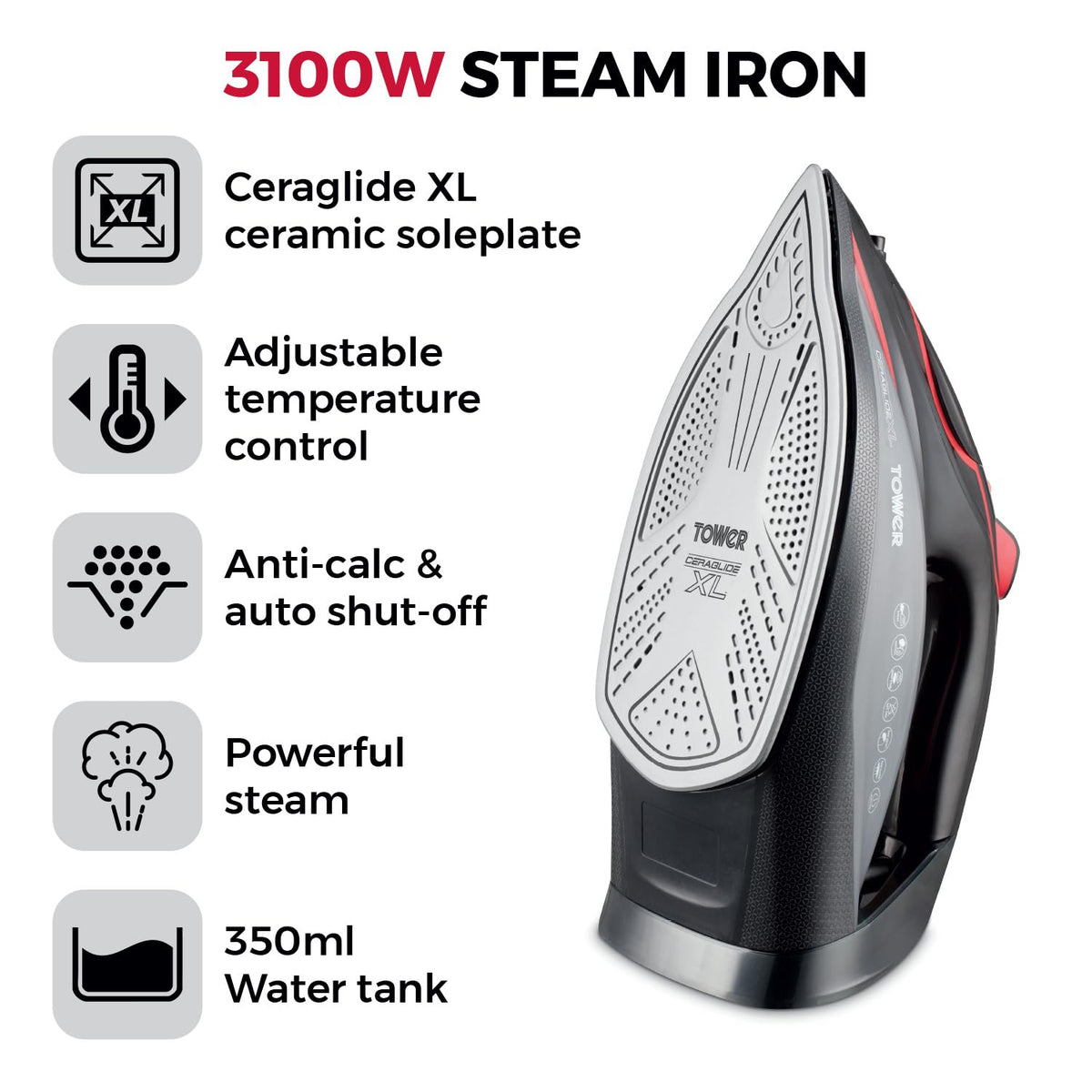 Tower T22032RED Steam Iron with Ceraglide XL Ceramic Soleplate, Adjustable Temperature Control, Anti-Drip & Anti-Calc, Auto Shut Off 350ml Water Tank,