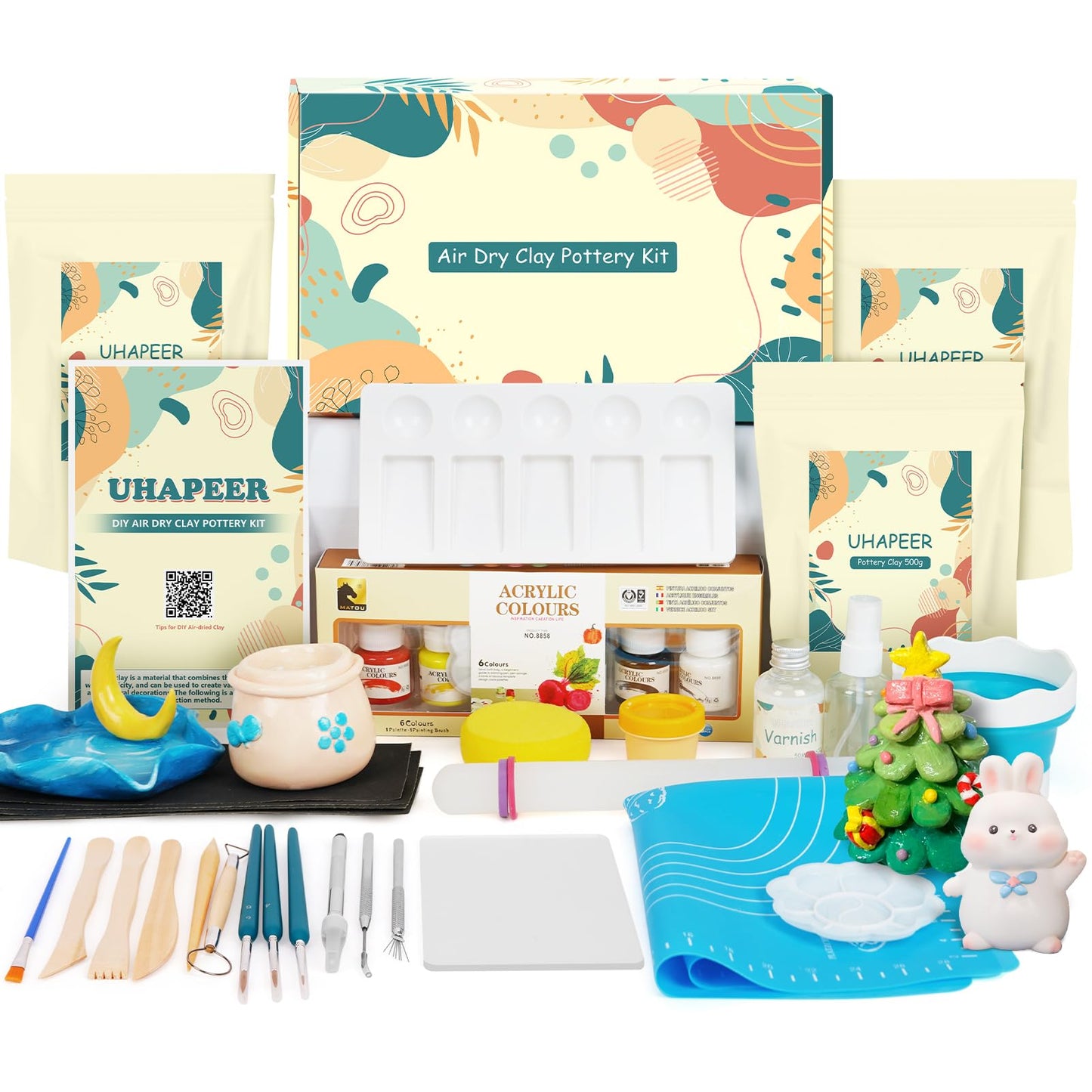 UHAPEER Pottery Kit Air Dry Clay for Adults - DIY Pottery Painting Kit for Beginners with 6 Acrylic Paints, Varnish, Tool Set, Paintbrushes, Sponge,