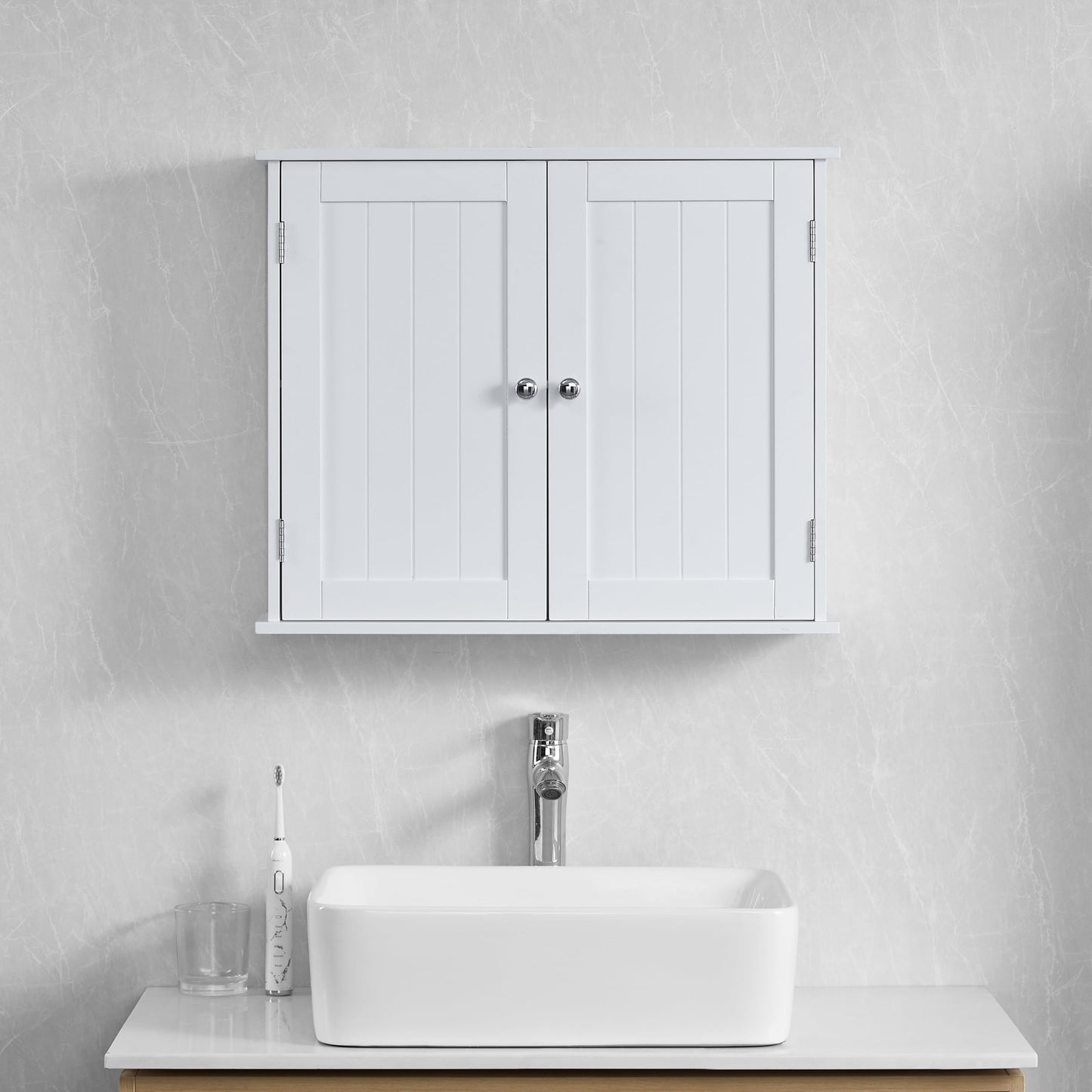 Bath Vida Priano 2 Door Bathroom Wall Cabinet | White | Space-Saving Storage | 50H x 60W x 15D cm | Adjustable Shelf | Modern Wooden Cupboard Unit