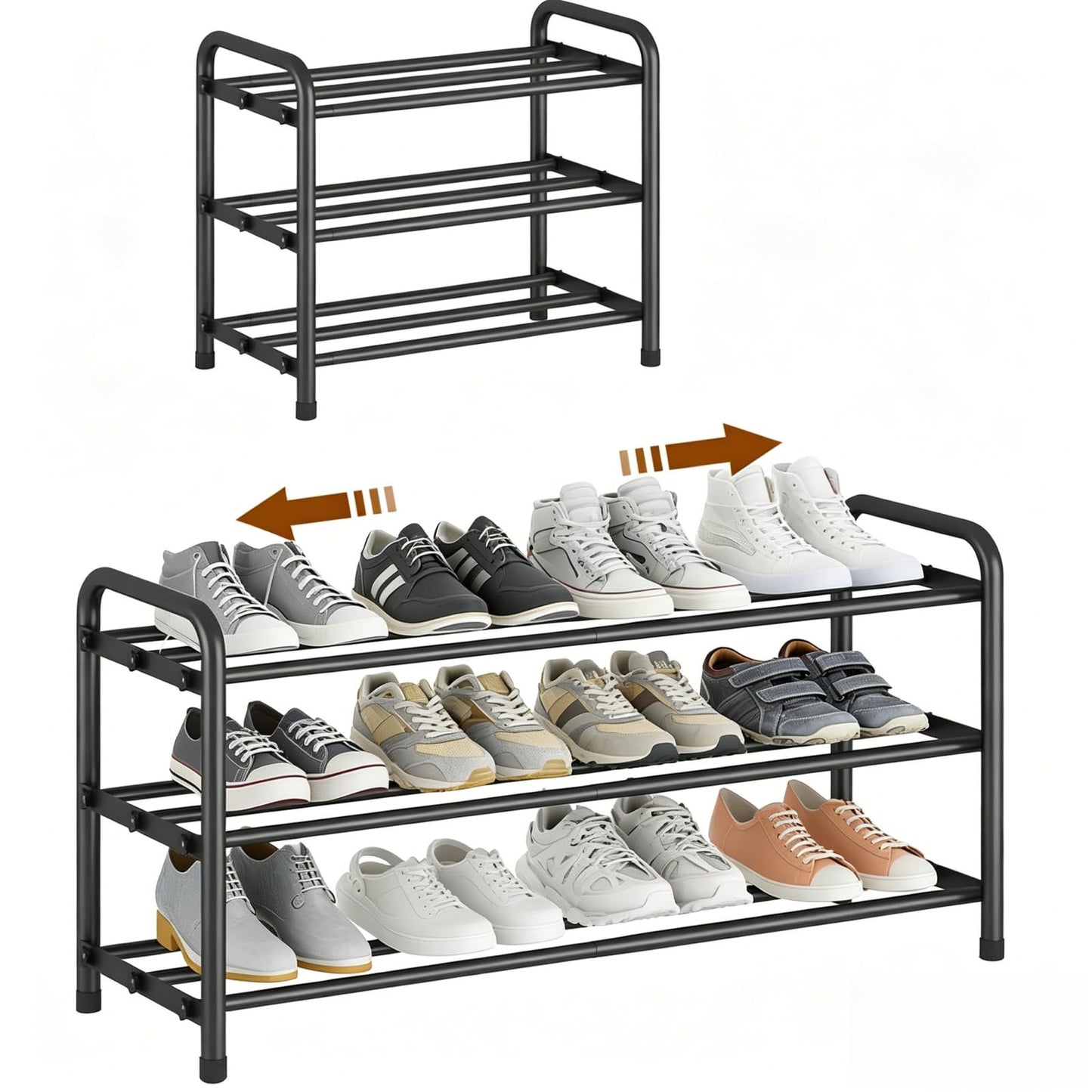 YUWHFEI Extendable 3-Tier Metal Shoe Rack, Adjustable Black Shoe Storage Organiser, Free Standing Shelf for Wardrobe, Closet, Bedroom, Hallway