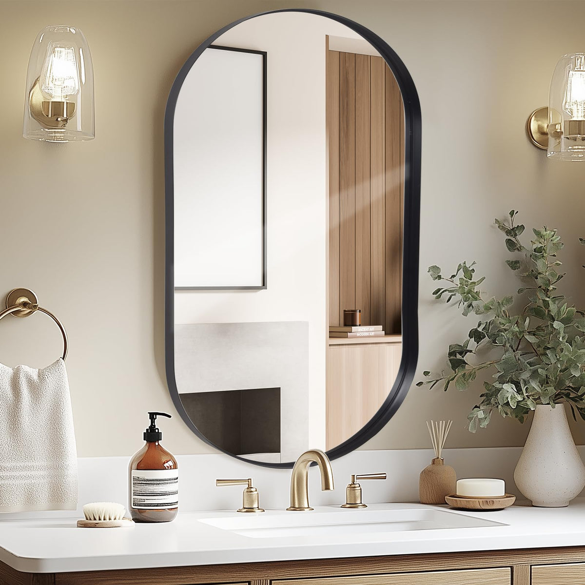 LunaMirror Wall Mirror Oval 60x90 CM Wall-Mounted Bathroom Vanity Mirror Stylish Black Mirror Wall Decor Rectangle Wall Hanging Mirror with Curved