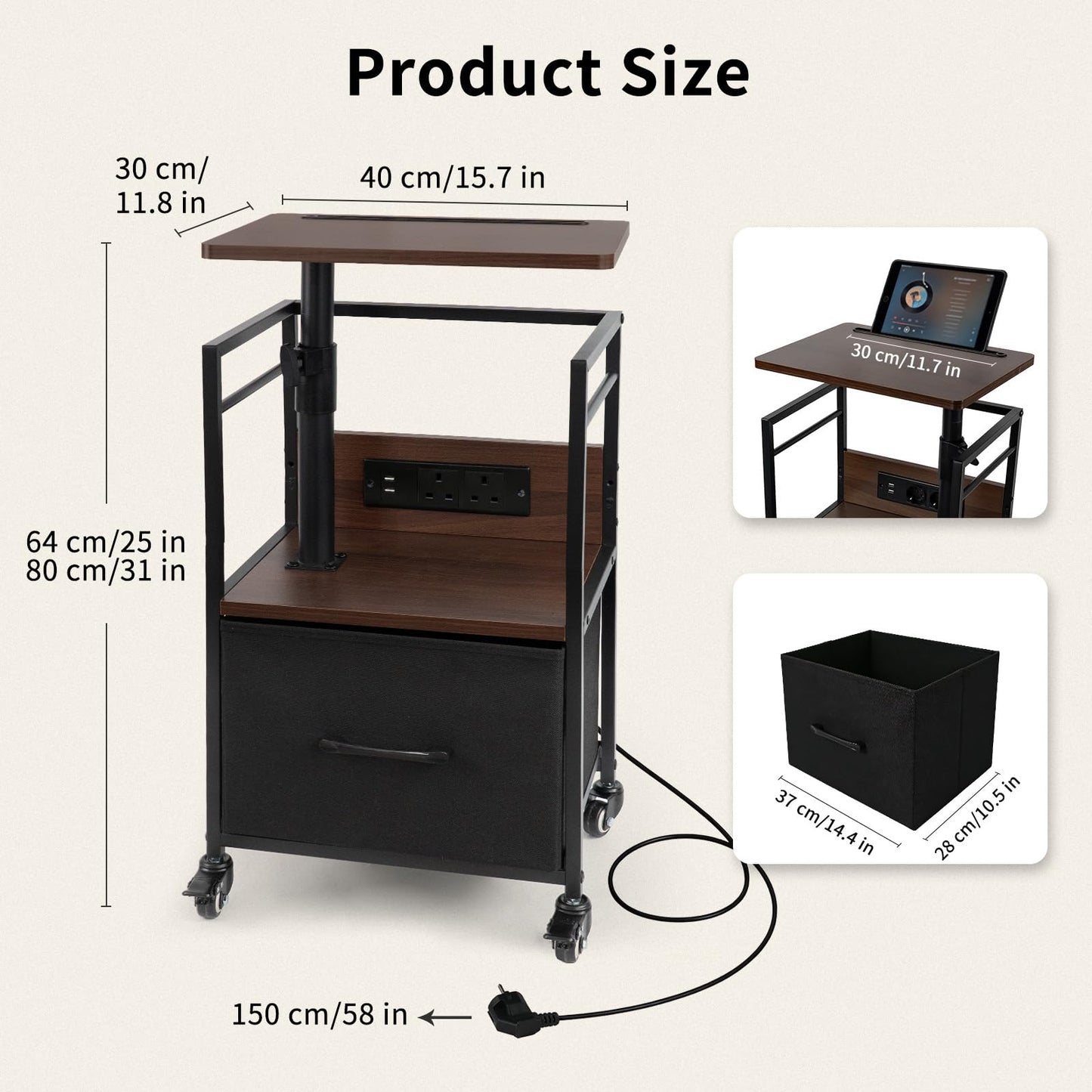 Bingyouth Bedside Table with Charging Station, Rotating Nightstand on Wheels with Adjustable Height, Drawer Storage and Swivel Top