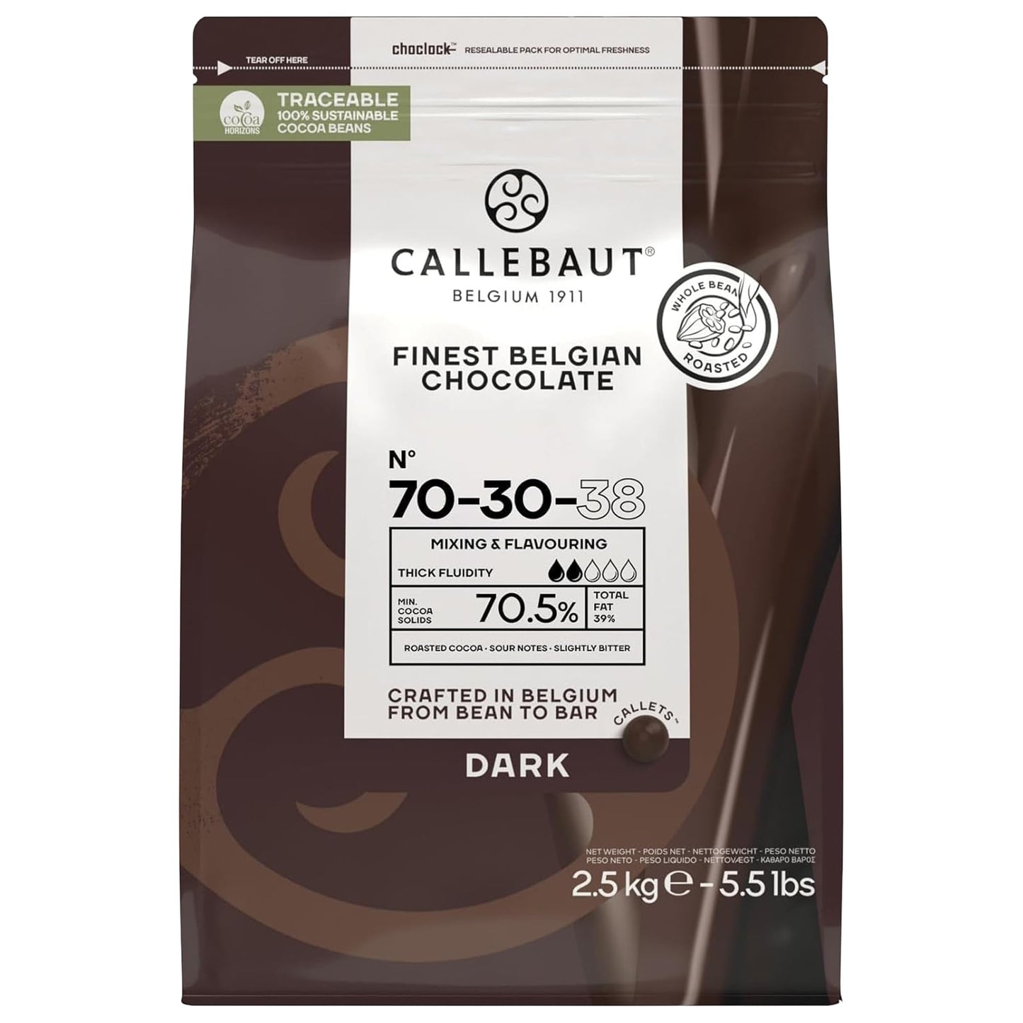Callebaut 70-30-38 Finest Belgian Dark Chocolate Couverture Callets 70.5% Cocoa 2.5kg
