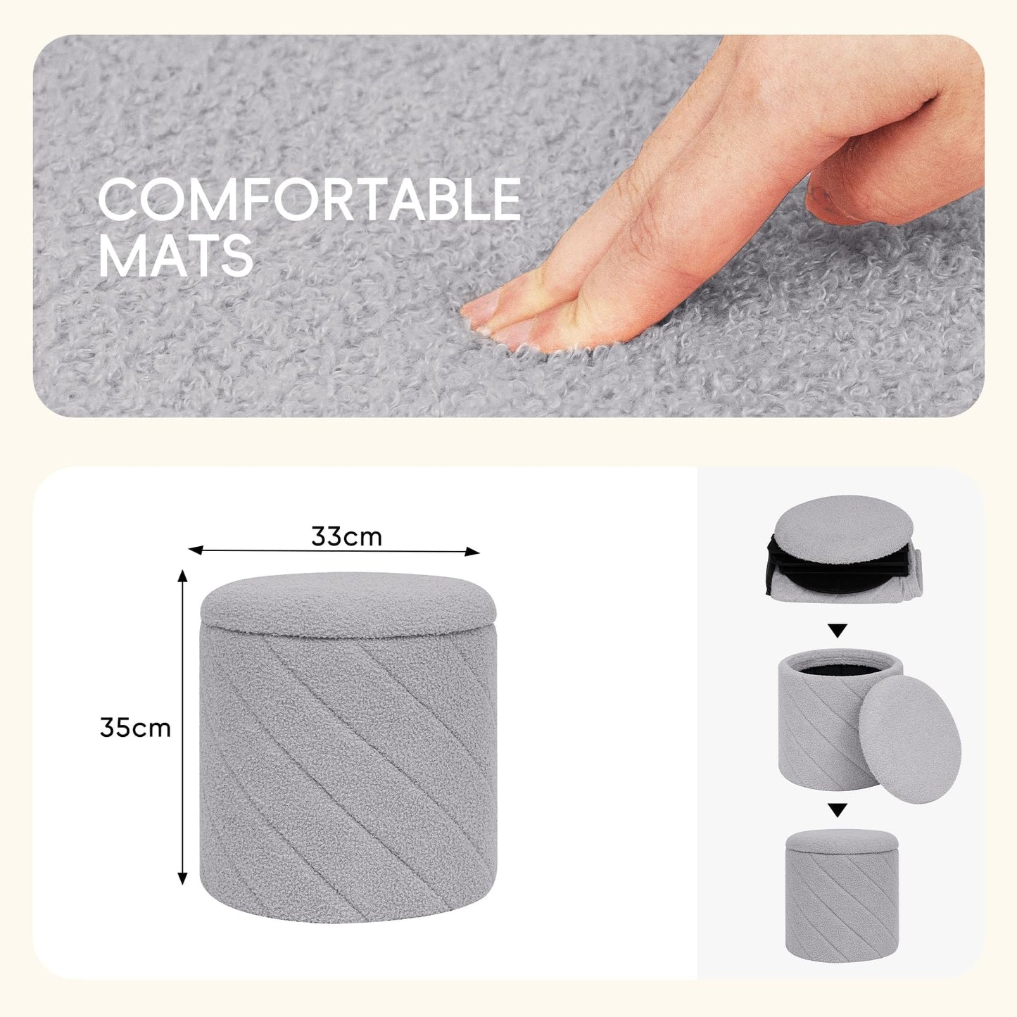 PINPLUS Round Ottoman Storage Box, Folding Stool, Grey, 33x33x35 cm