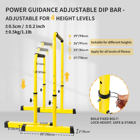 POWER GUIDANCE Dip Bar Adjustable Dip Station Pull Up Bar Body Strength Training - Adjustable Height for 77cm 84cm 91cm 98cm Square Base for