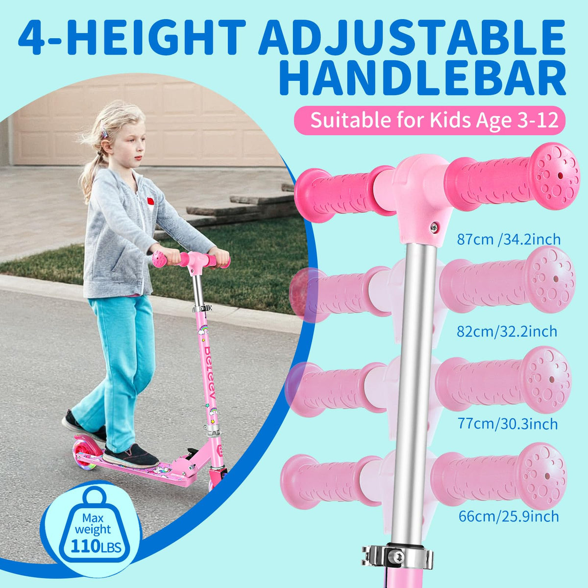 BELEEV V1 Scooter for Kids, 2 Wheels Folding Kick Scooter for Children Girl and Boys, 3 Adjustable Height, Flashing Light up Wheels, Lightweight