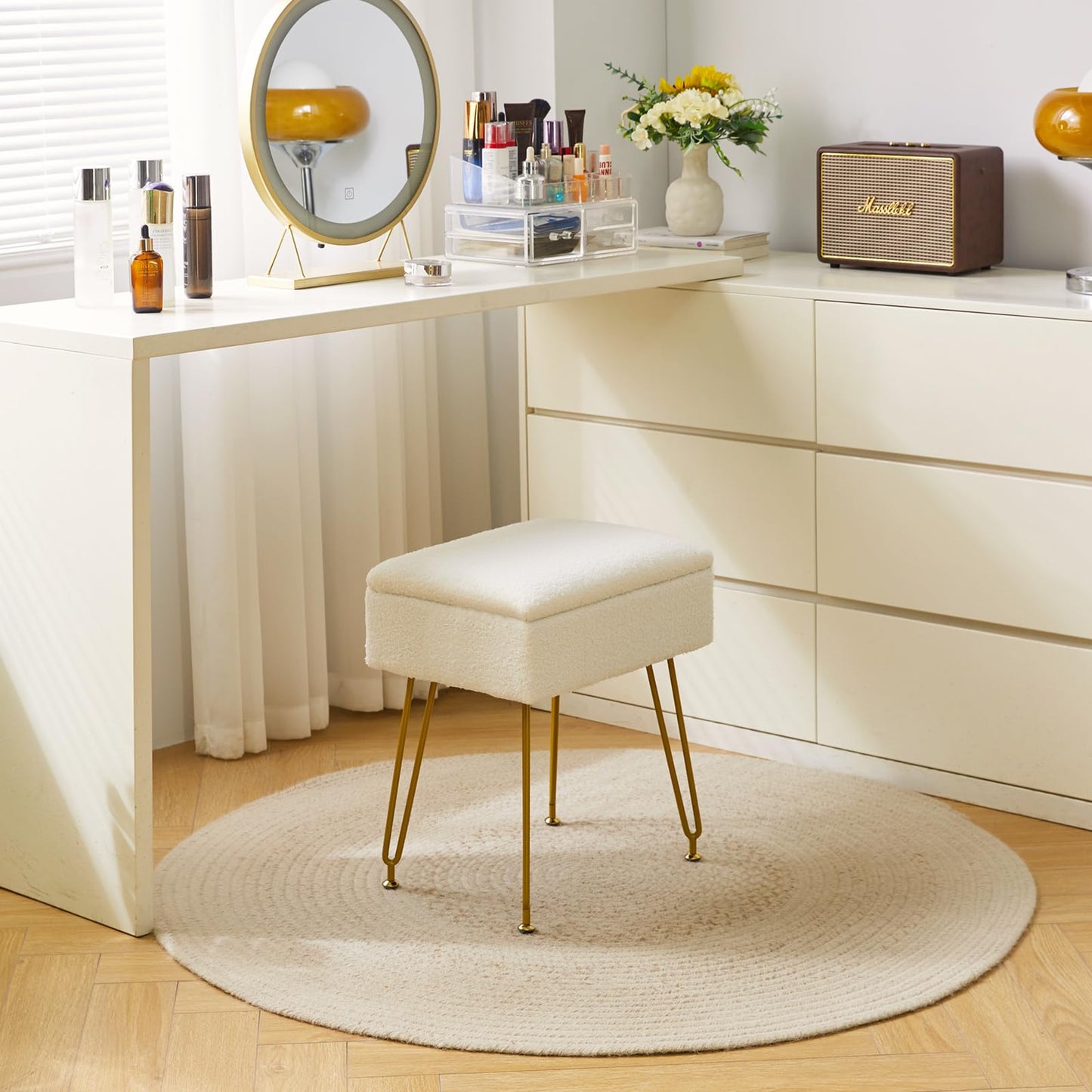 YMYNY Storage Ottomans, Chair Stool Upholstered, Footstool, Modern Teddy Fleece Material, Dressing Table Stool, Pouf Couch Stool, Metal Legs, for