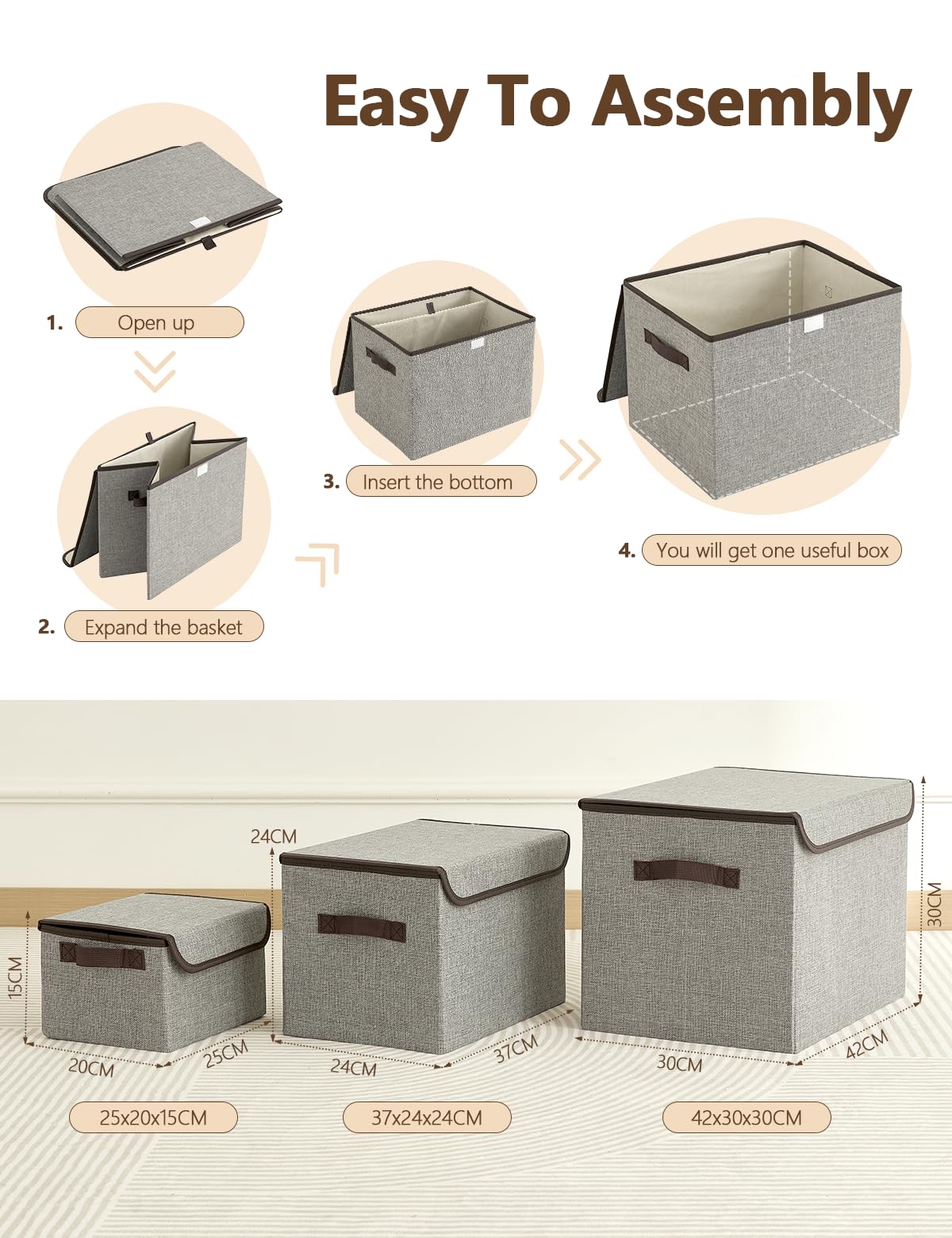 Bagnizer Large Collapsible Storage Baskets with Lids & Handles 3PCS