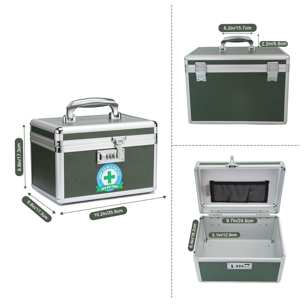HEWEI WORKS Medication Lock Box, Lockable Medicine Storage, Empty First Aid, Medical Organizer, Safe lockbox for Home & Outdoor (Green, Small)