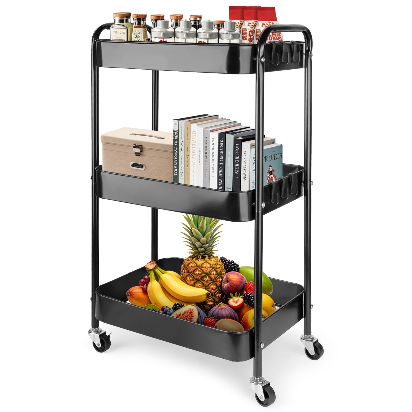 Viuxule Storage Cart, 3 Tier Metal Trolley Cart with Wheels, Black Rolling Utility Cart for Kitchen, Bathroom, Office, Bedroom