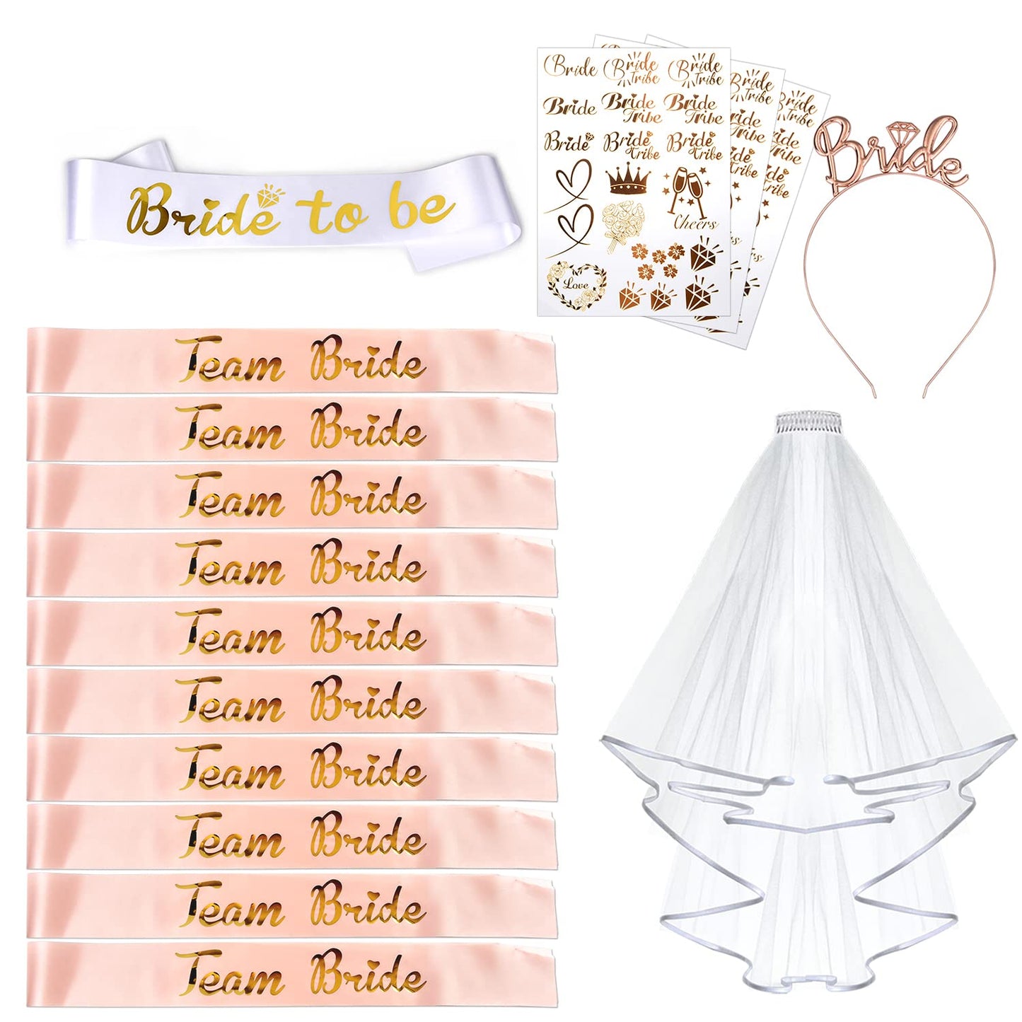 AniSqui Hen Party Accessories Set - Bride to Be Sash, Team Bride Sashes, Tattoos, Veil, Tiara - Night Out Essentials