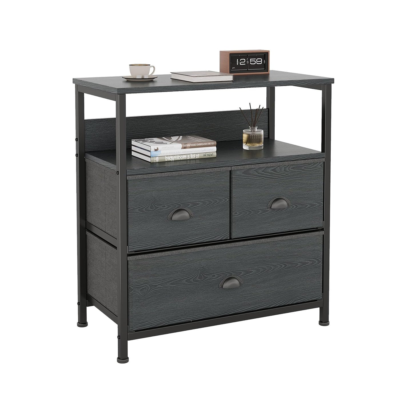 CAIYUN Bedside Table Cabinet with 3 Drawers for Bedroom, Nightstand Sofa Sid with Storage for Living Room, End Table with Metal Frame and Open Shelf