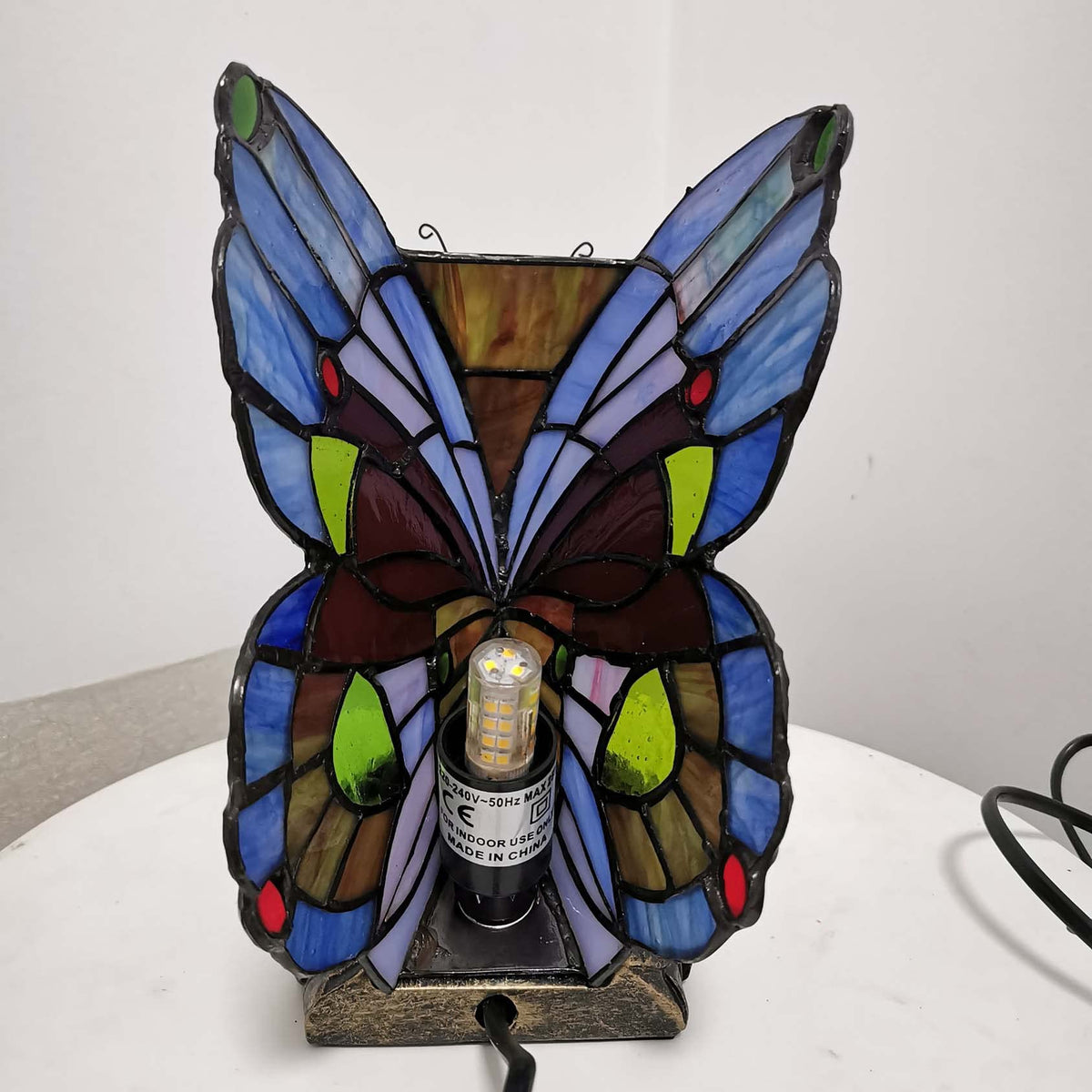 Bieye L30042US 8 inches Butterfly Tiffany Style Stained Glass Accent Table Lamp Night Light for Bedside Bedroom Living Room Coffee Table, Blue Red