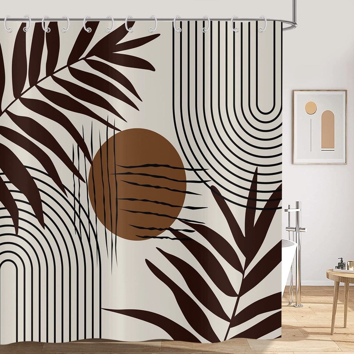 Hnmdmyi Boho Shower Curtain 180x200, Abstract Brown Leaf Shower Curtains Mid Century Modern Minimalistic Geometric Aesthetic Art Bathroom Curtains