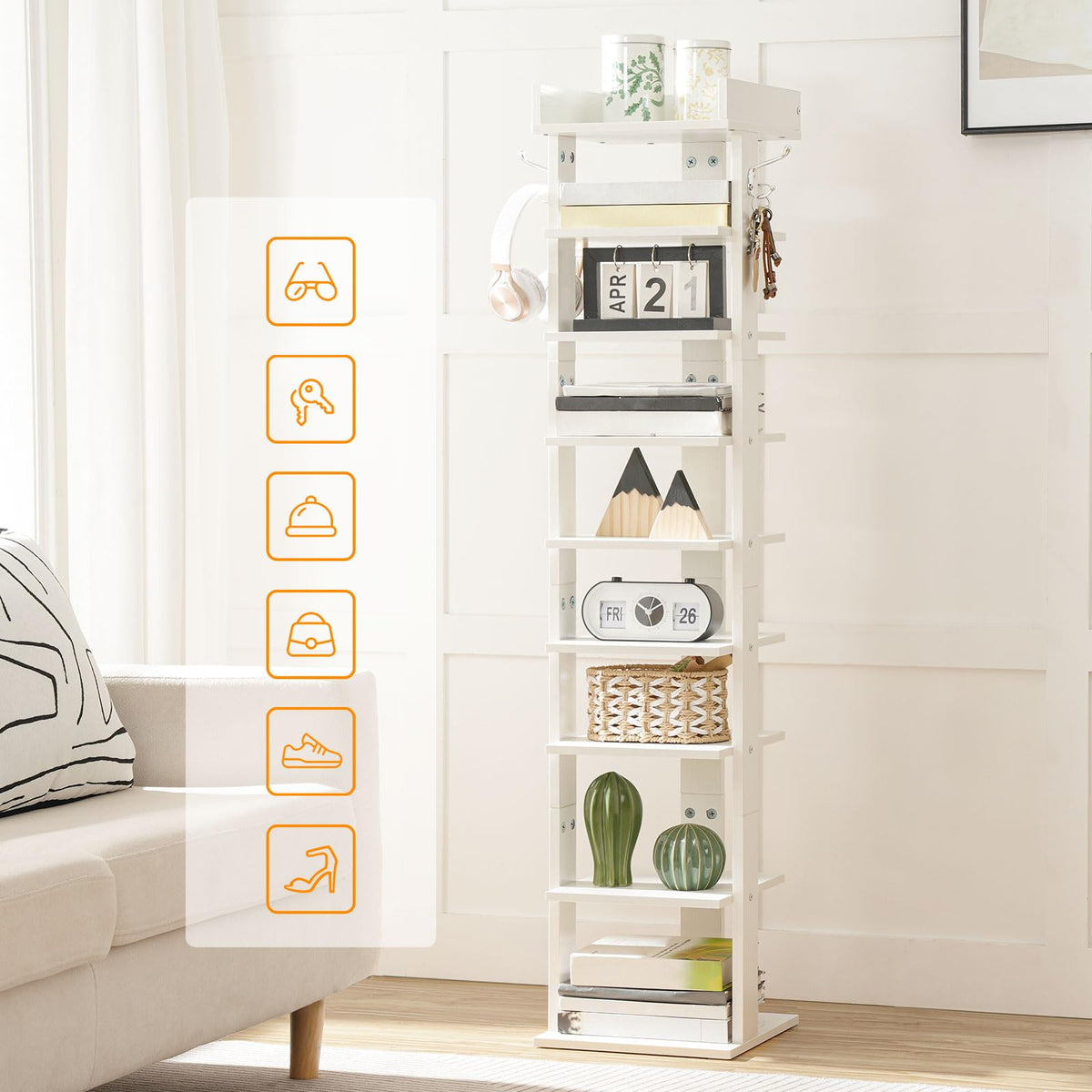 HOOBRO Narrow Shoe Rack, 9-Tier Tall Shoe Rack, Wooden Shoe Storage Organizer with 2 Hooks, Slim Shoe Shelf, Vertical Shoe Tower for Entrance, Living