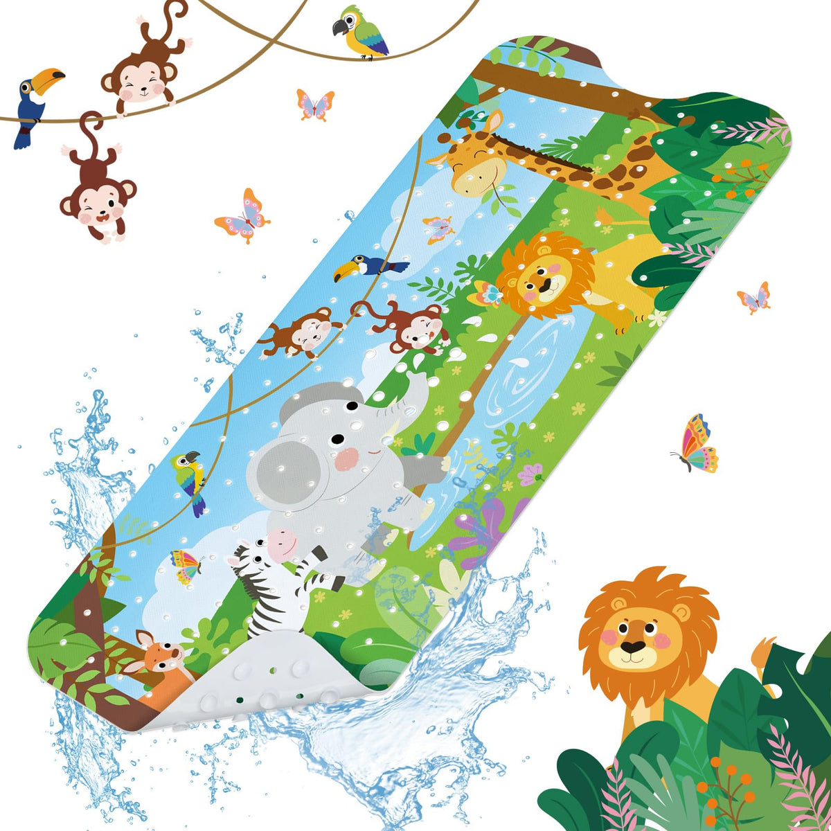 SHUCHING Jungle Animals Bath Mat Non Slip Kids, 100 X 40 cm Extra Long Baby Bathtub Mat Anti Slip, Childrens Shower Mat Non Slip Anti Mould for