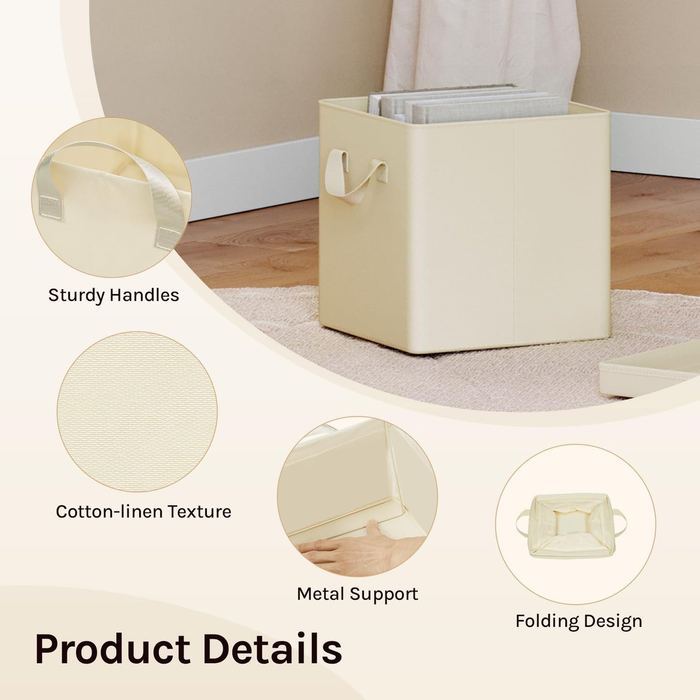 WOLTU Fabric Storage Boxes Set of 5, Folding Baskets with Lids, Handles, Metal Frame, Wardrobe Toy Organisers for Living Room, Bedroom, Office, Cream