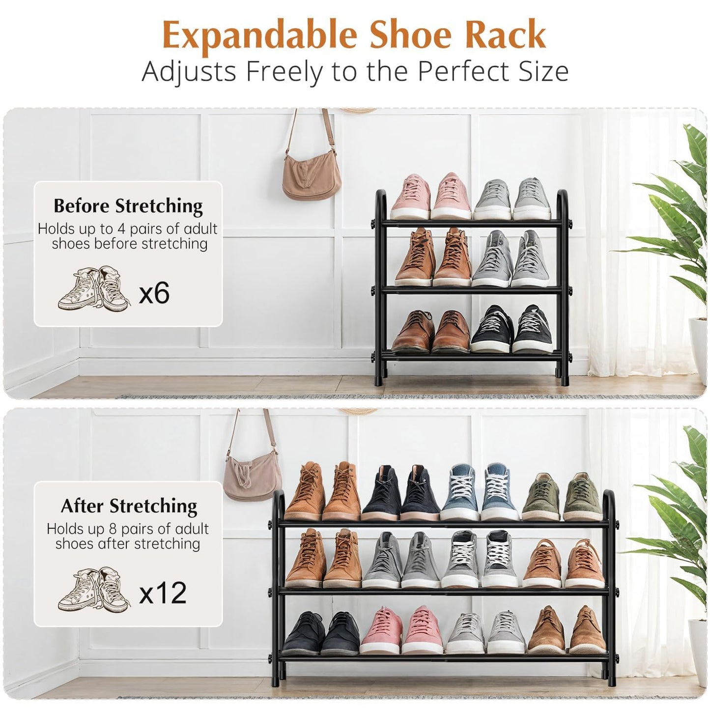 YUWHFEI Extendable 3-Tier Metal Shoe Rack, Adjustable Black Shoe Storage Organiser, Free Standing Shelf for Wardrobe, Closet, Bedroom, Hallway