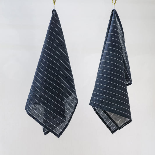 linendo Linen Cotton Kitchen Towels 50 x 75 cm Navy Large Stripe - Set of 2 Pack, Natural Fabric Washable Tea Towels, Highly Absorbent Dish Towels,