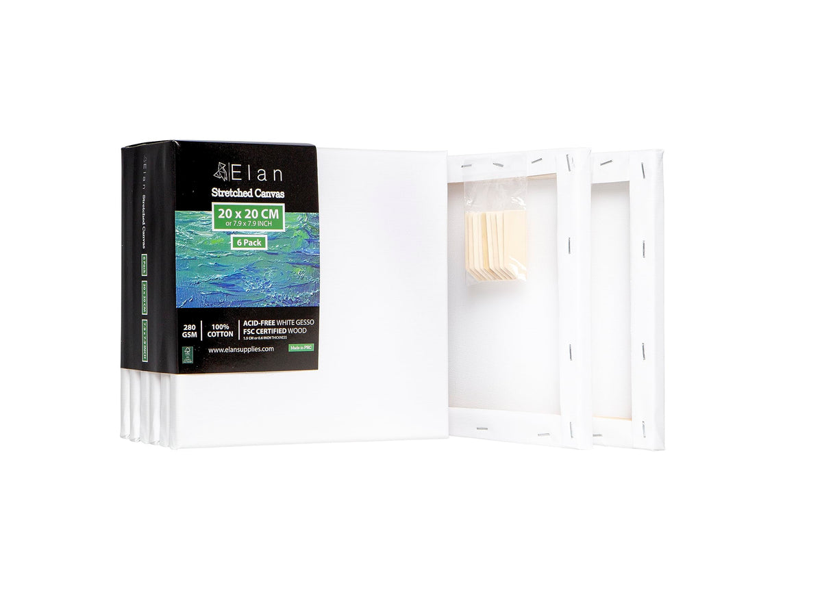 Elan Stretched Canvases 20x20 CM, 6-Pack Art Canvases for Painting 280 GSM, Triple Primed Stretched Canvas for Painting, Small Canvas 20x20 CM