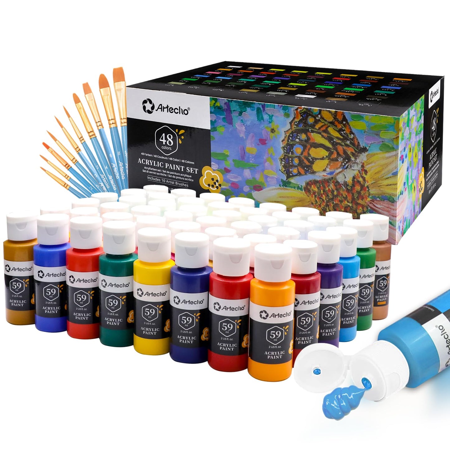 Artecho Acrylic Paint Set 48 Colors 2 Ounce/59ml with 10 Paint Brushs, Basic Acrylic Paint Supplies for Wood, Fabric, Crafts, Canvas, Leather&Stone