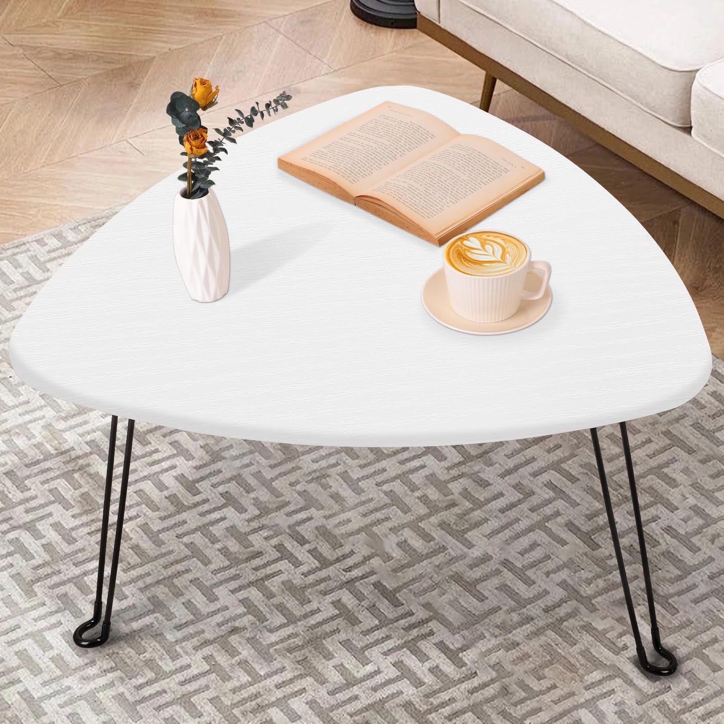 FEUFOAM Coffee Table for Small Spaces White Folding Wooden Triangle Center Sofa Tables Simple Design Droplet Coffee Table With Steel Legs Modern