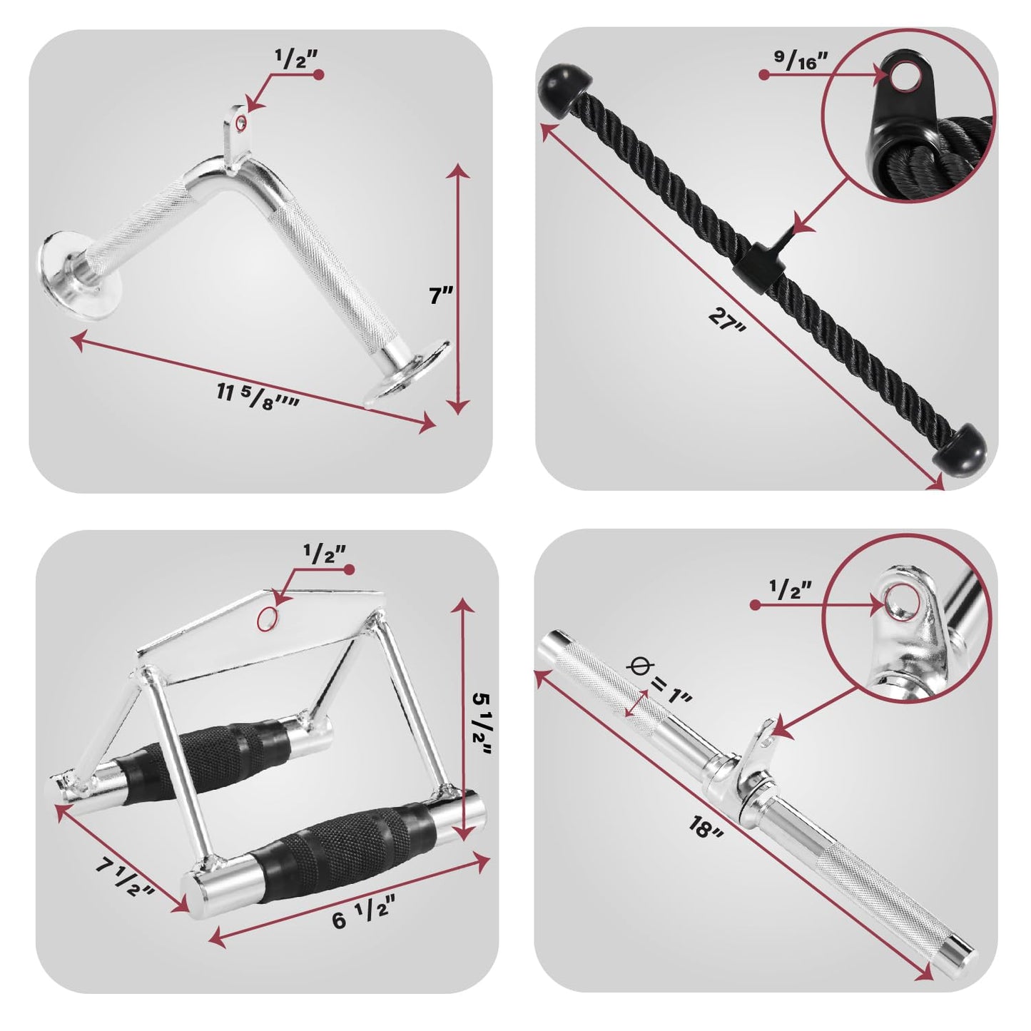 Yes4All 4M82 Combo Double D Handle Cable Attachment, Tricep Rope/Tricep Pull Down Rope, Rotating Straight Bar, and V-Shaped Bar Handle